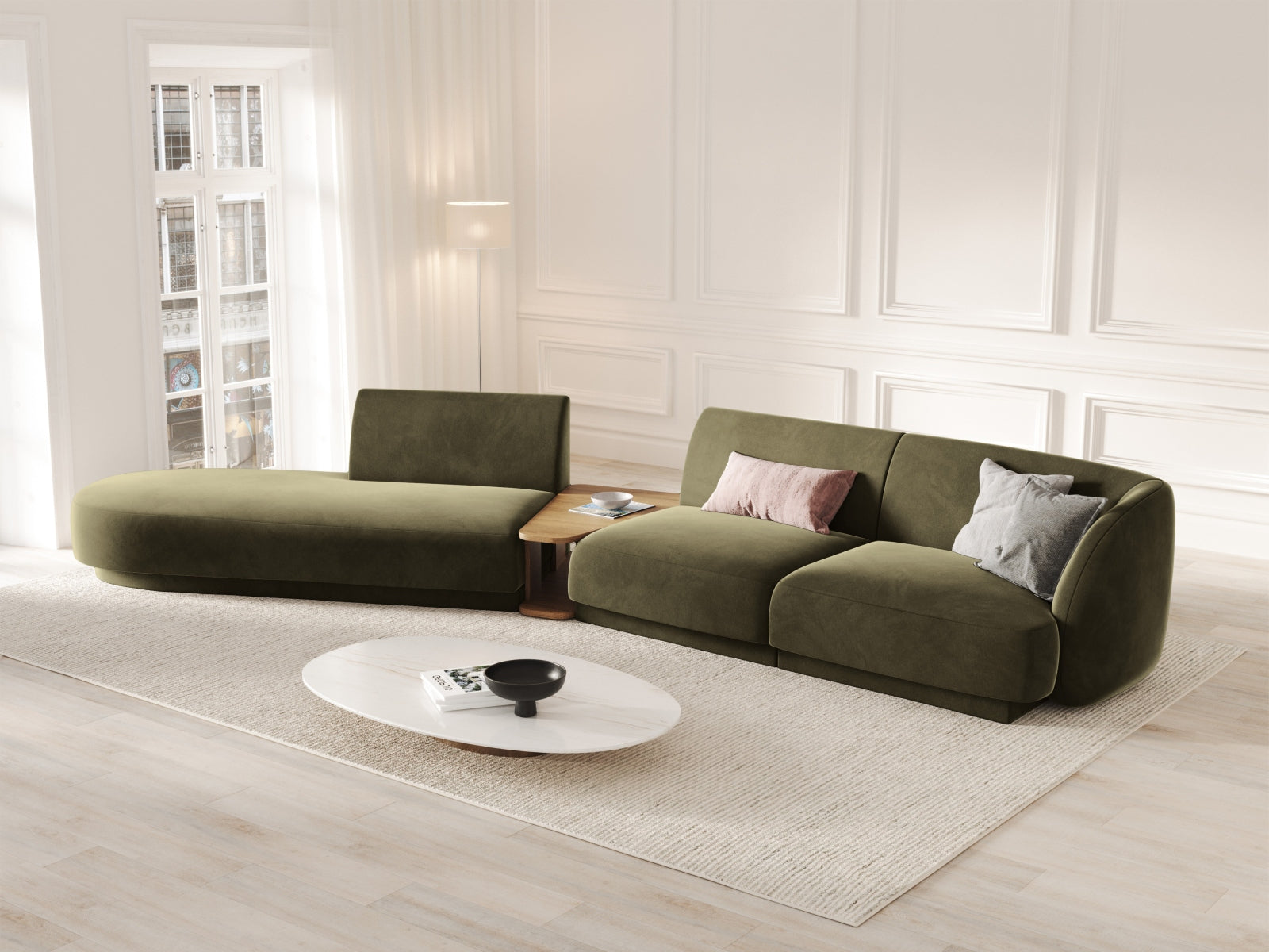 Miley Velour modulares Sofa links 4 Sitzer in Green präsentiert im Onlineshop von KAQTU Design AG. L-Sofa links ist von Micadoni