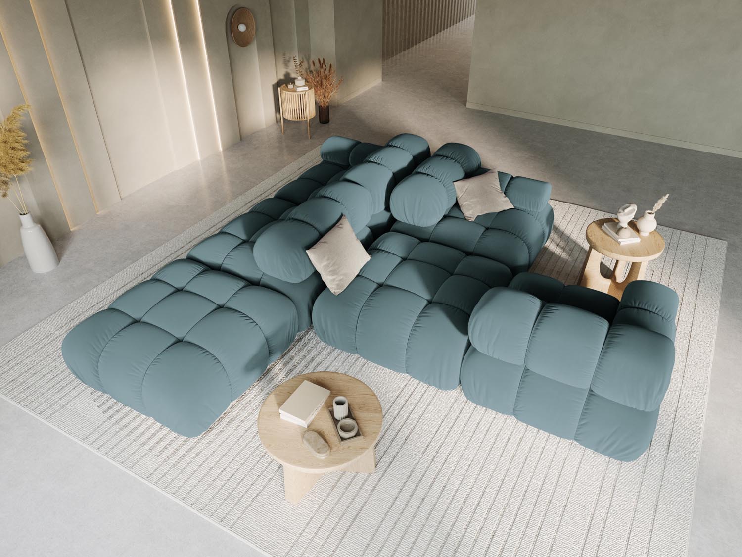 Elegantes Bellis Velour Sofa in Türkis, 4-Sitzer, modulare Bauweise, ideal für stilvolle Wohnräume, präsentiert von KAQTU Design AG.