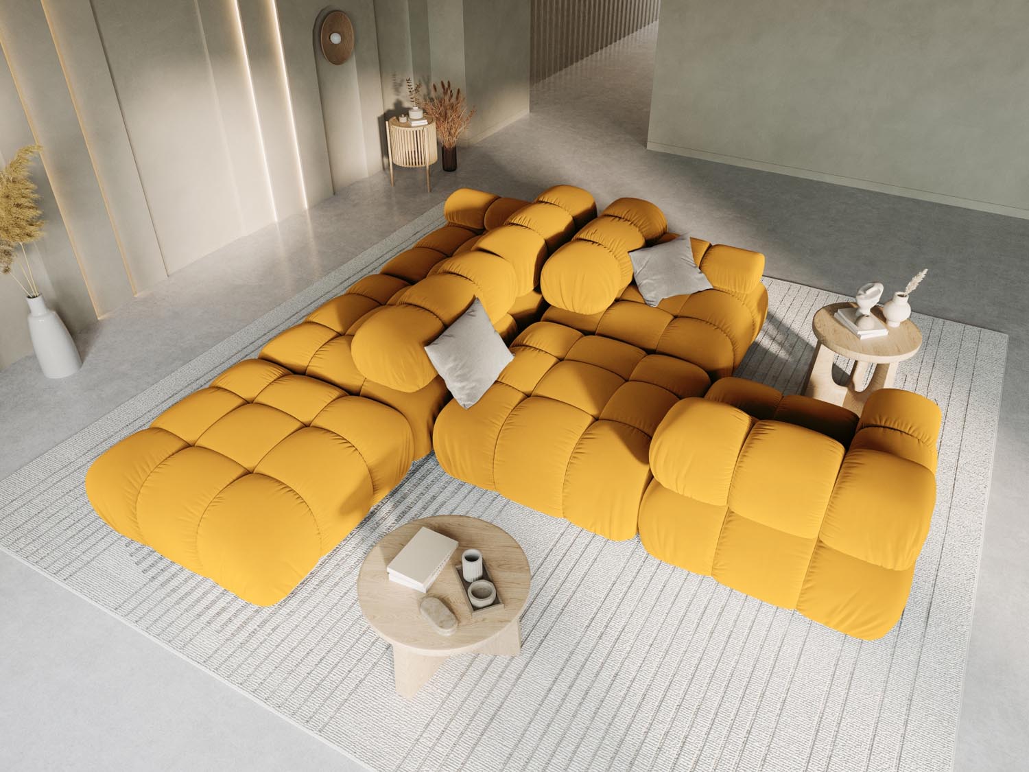 Elegantes Bellis Velour Sofa in Gelb-Blau, 4-Sitzer, modulare Bauweise, ideal für stilvolle Wohnräume, präsentiert von KAQTU Design AG.