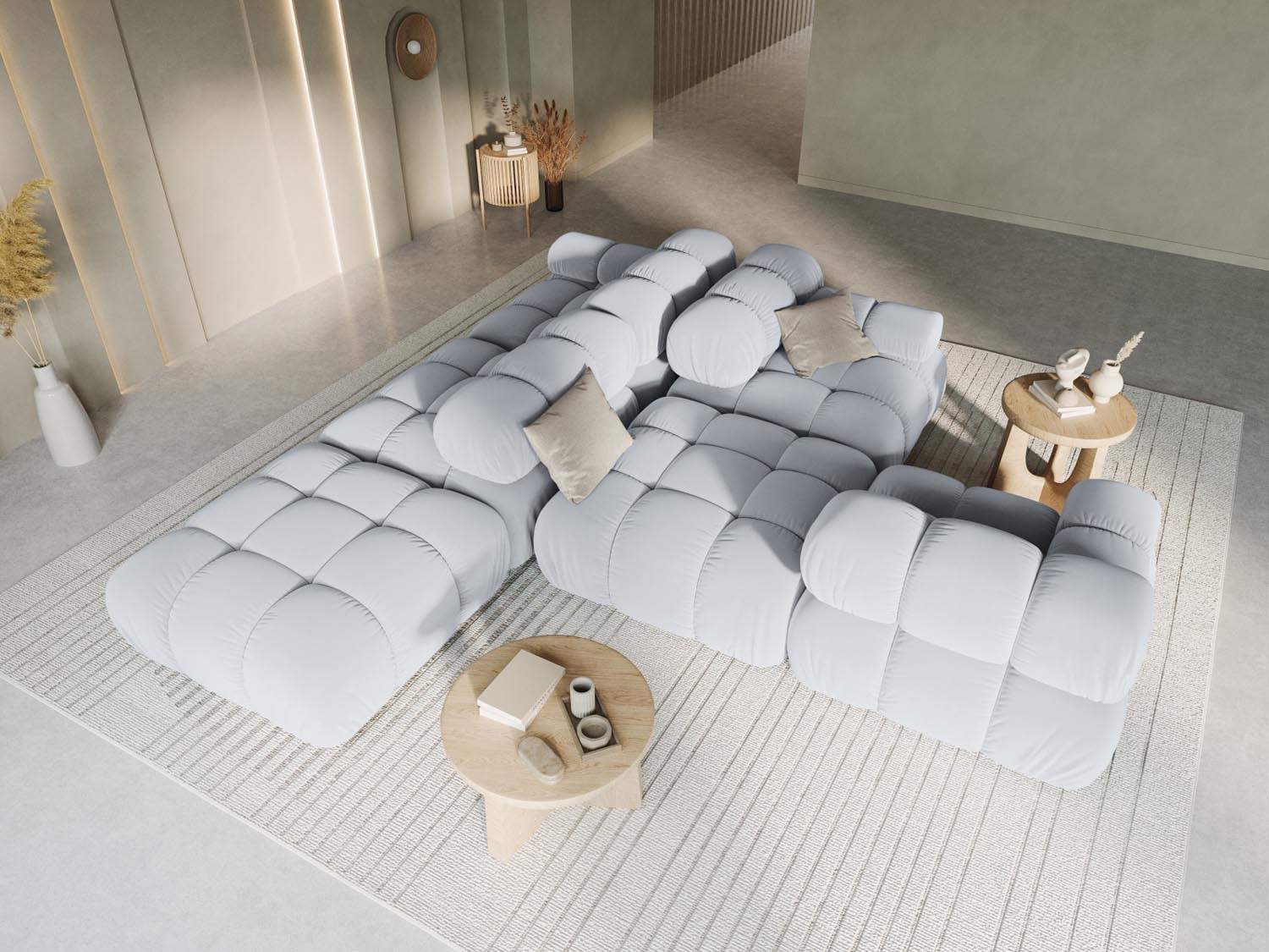 Elegantes Bellis Velour Sofa in sanftem Hellblau, ideal für stilvolle Wohnräume. Modulares Design für individuelle Anpassung.