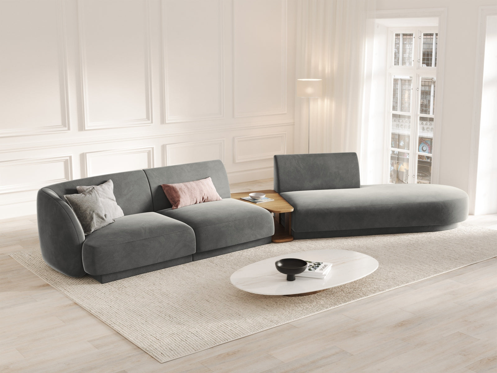 Miley Velour modulares Sofa rechts 4 Sitzer in Light Grey präsentiert im Onlineshop von KAQTU Design AG. L-Sofa rechts ist von Micadoni