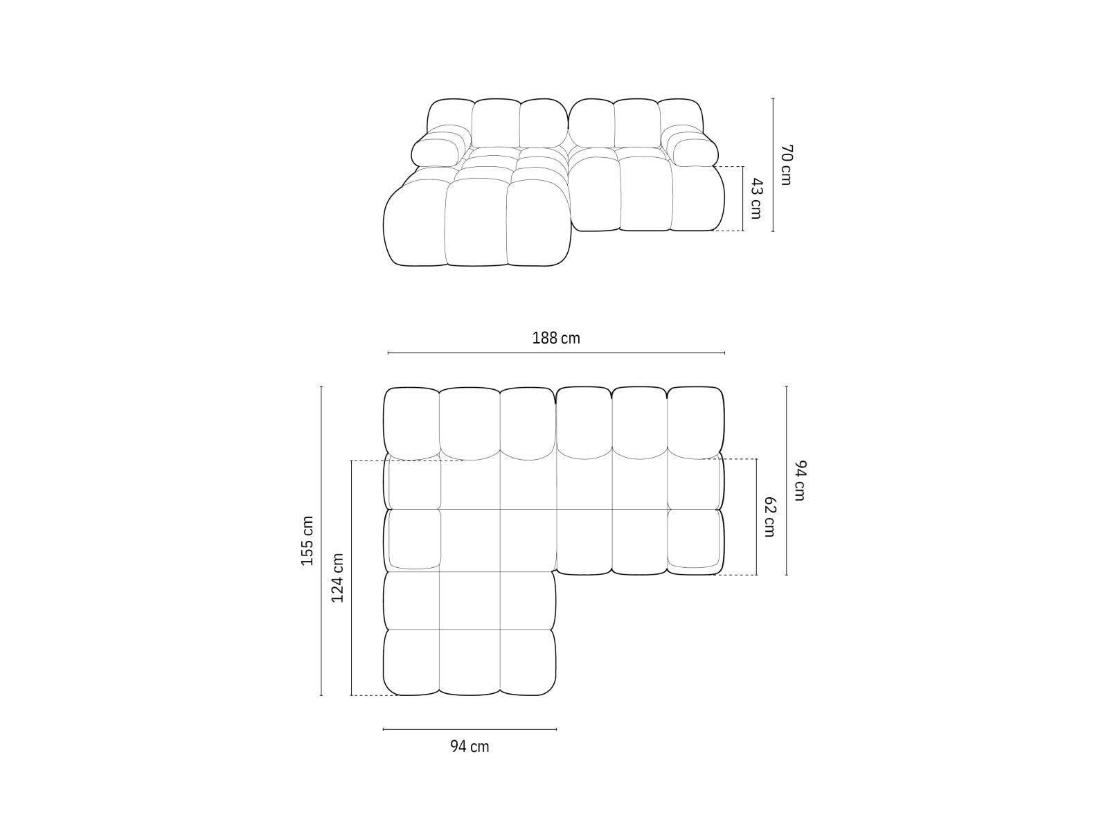 Stylisches Bellis L-Sofa links, 3-Sitzer mit 155 cm, perfekt für gemütliche Wohnzimmer und modernes Design, erhältlich bei Micadoni.