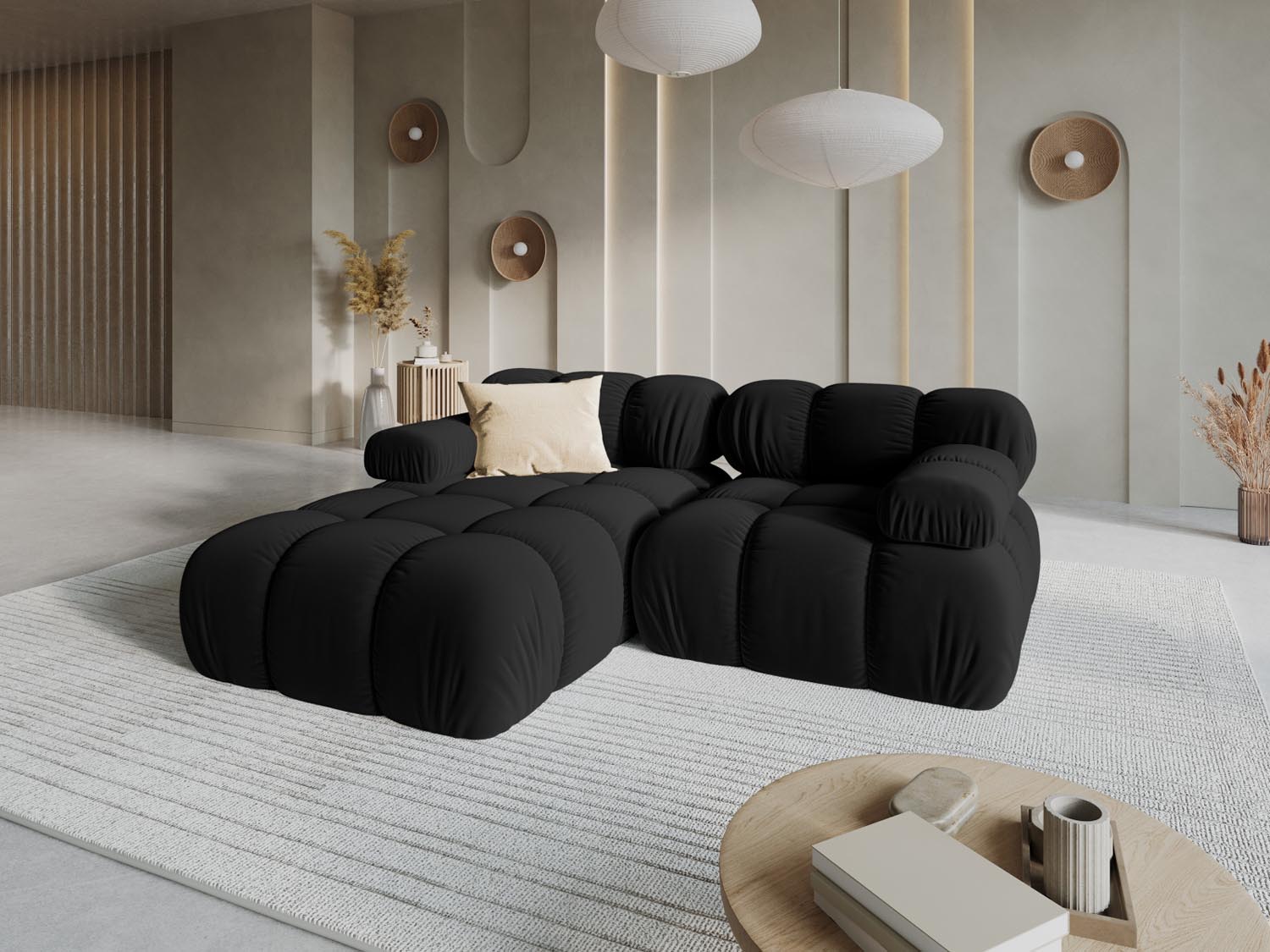 Elegantes Bellis Velour Ecksofa in Schwarz-Bluvel, 3-Sitzer, linksseitig, ideal für stilvolle Wohnräume, präsentiert von Micadoni.