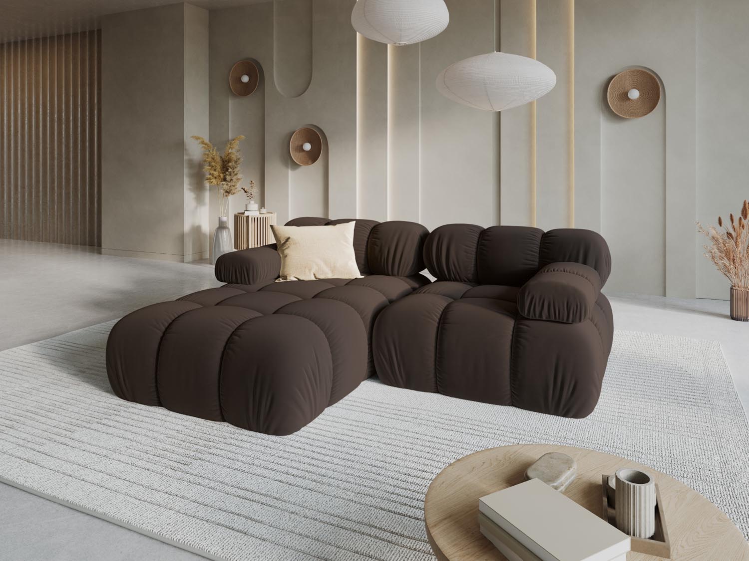 Elegantes Bellis Velour Ecksofa in Dunkelbraun, 3-Sitzer, linksseitig, ideal für stilvolle Wohnräume, präsentiert von Micadoni.