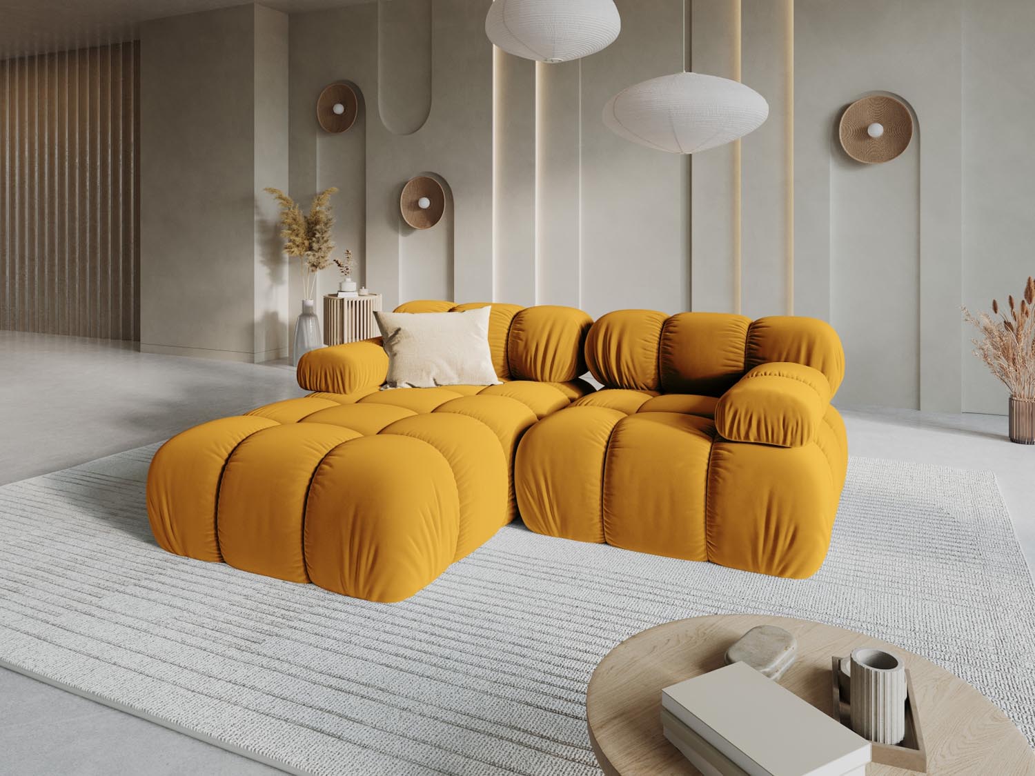 Elegantes Bellis Velour Ecksofa in Gelb-Blau, ideal für stilvolle Wohnräume. Modulares Design, 3-Sitzer, linksseitig, 155 cm.