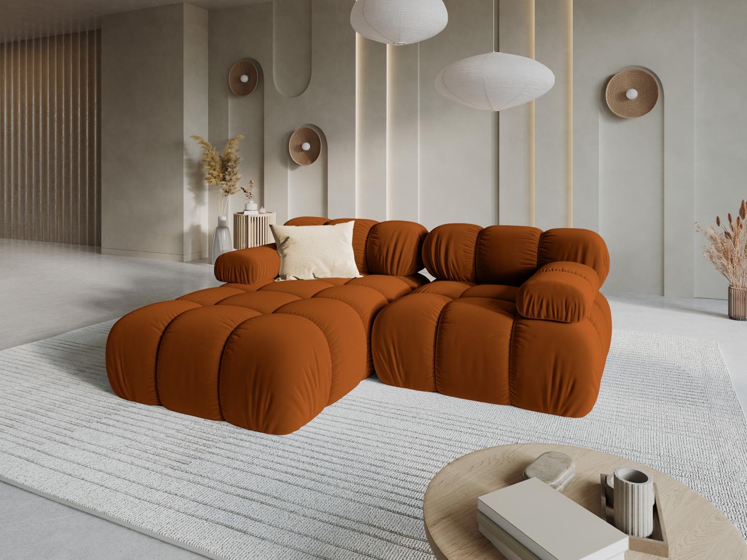Elegantes Bellis Velour Ecksofa in Terracotta, ideal für stilvolle Wohnräume. Modulares Design, linksseitig, 3-Sitzer mit 155 cm Breite.