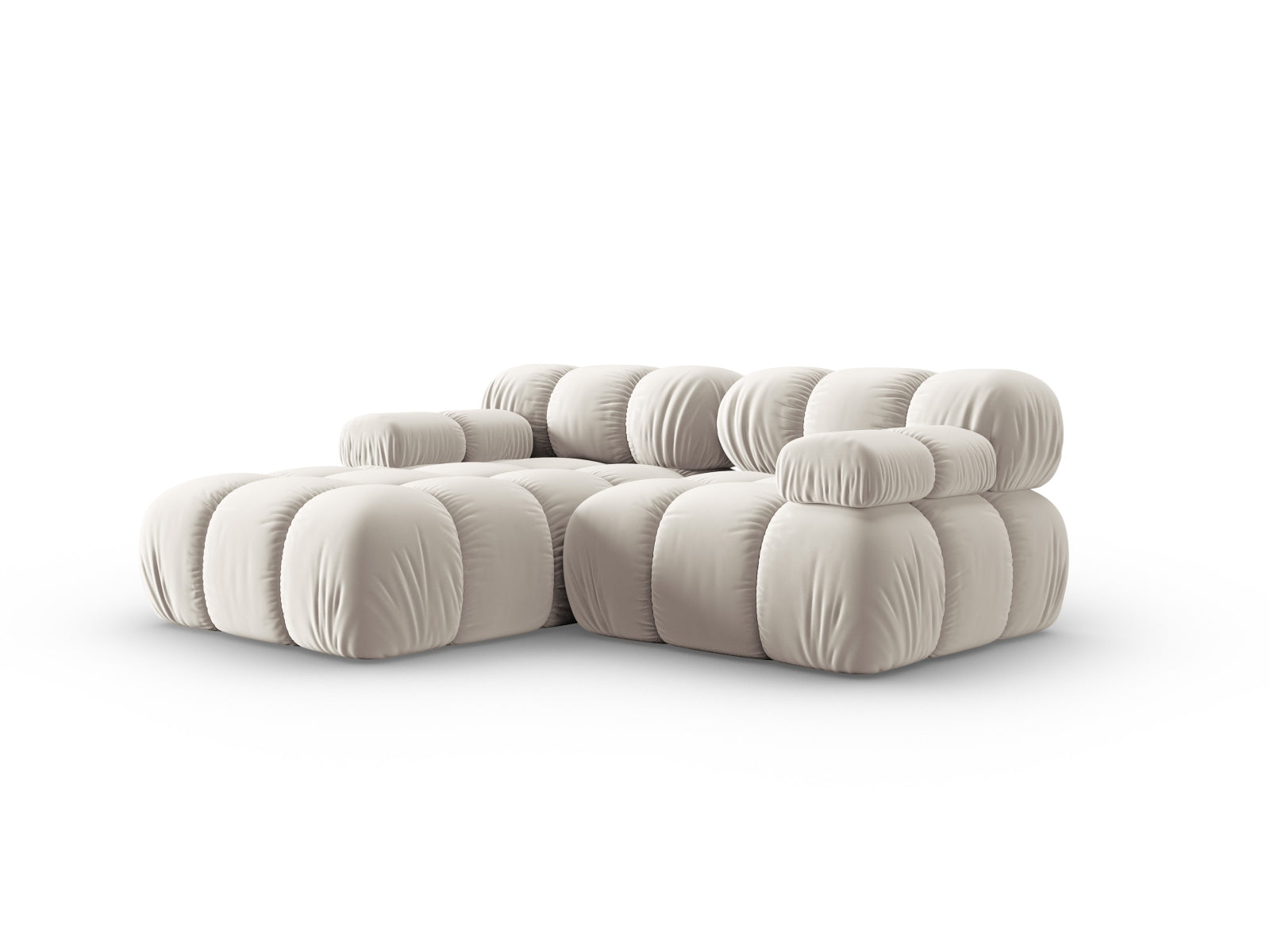 Modulares Bellis Velour Ecksofa links in sanftem Beige, 3-Sitzer mit 155 cm, perfekt für gemütliche und moderne Wohnräume.