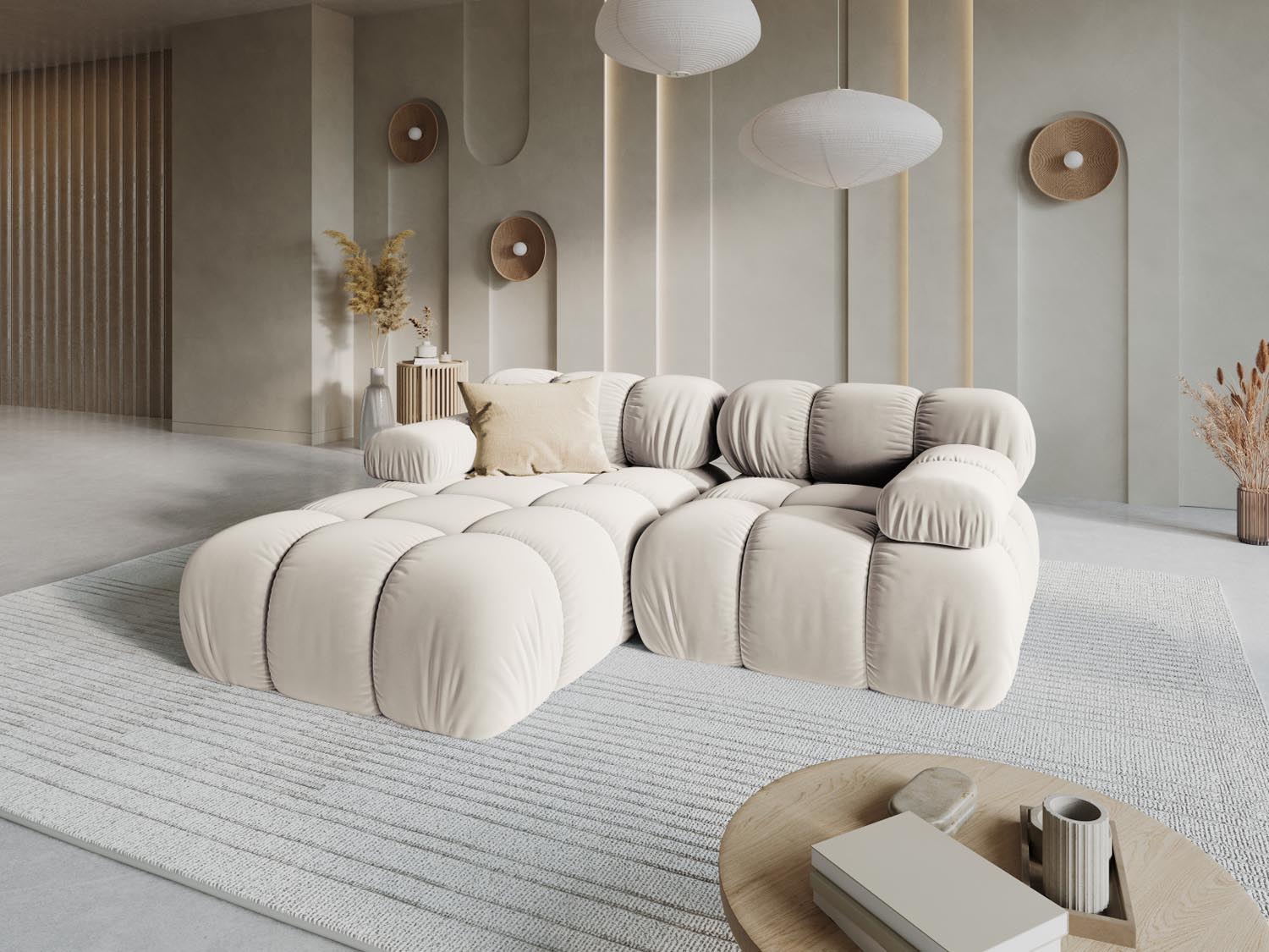Elegantes Bellis Velour Ecksofa links in Dark Beige-Bluvel, ideal für stilvolle Wohnräume, präsentiert in einem modernen Ambiente.