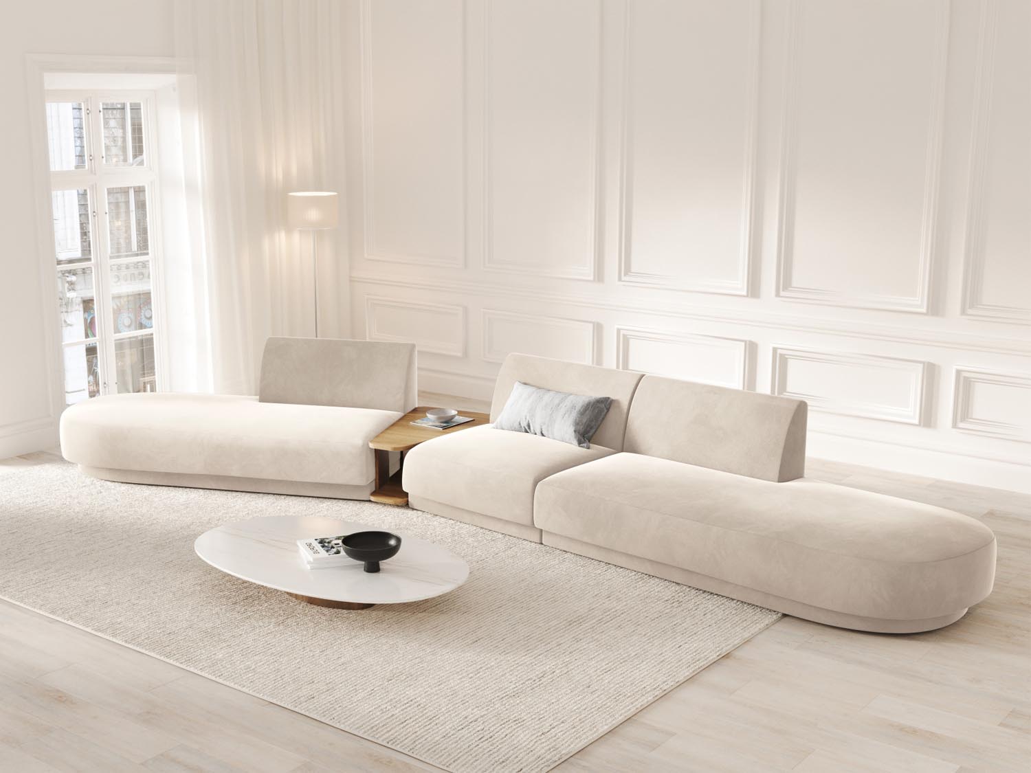 Miley Velour modulares Sofa links 5 Sitzer in Light Beige präsentiert im Onlineshop von KAQTU Design AG. L-Sofa links ist von Micadoni