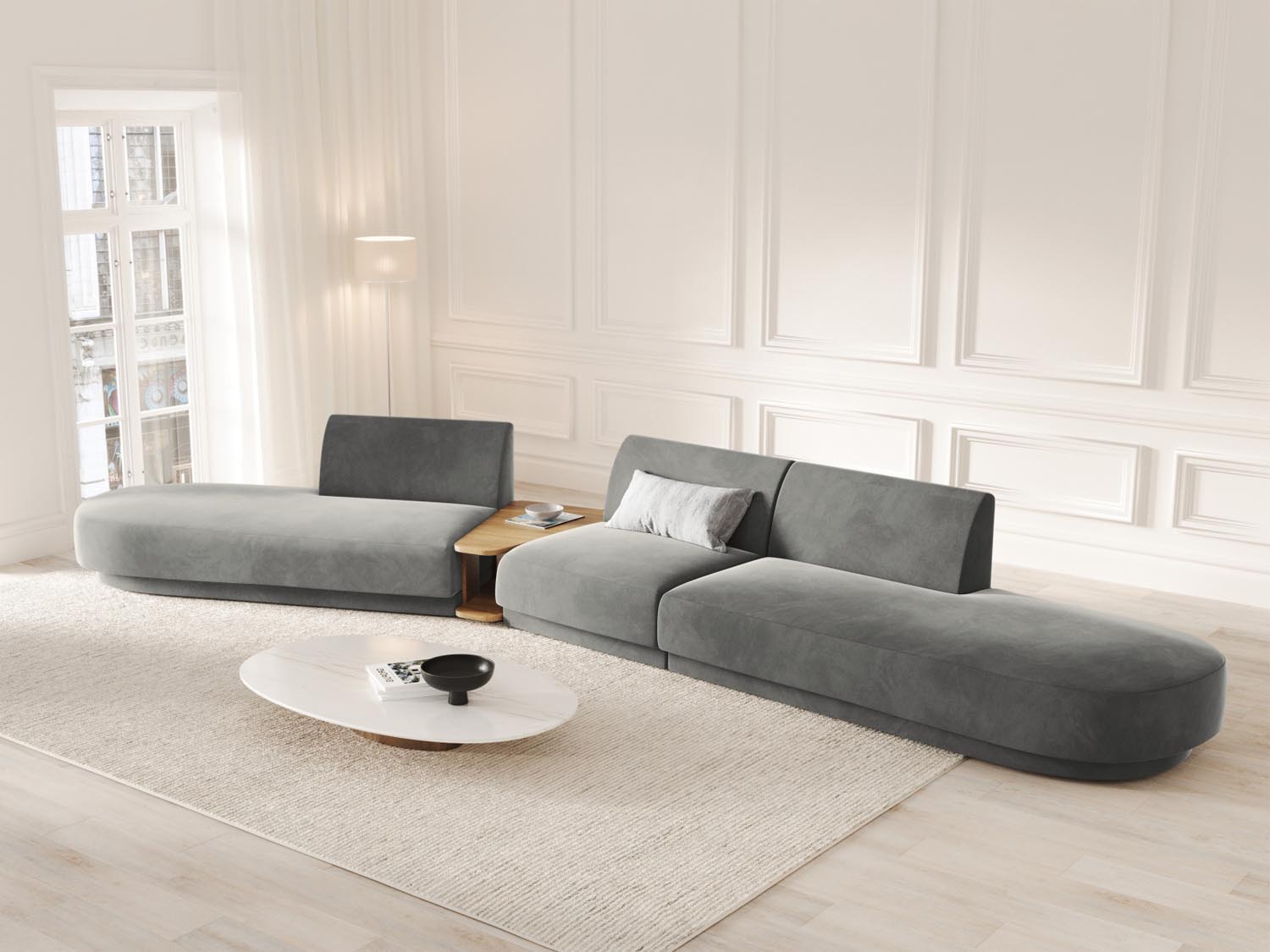 Miley Velour modulares Sofa links 5 Sitzer in Light Grey präsentiert im Onlineshop von KAQTU Design AG. L-Sofa links ist von Micadoni