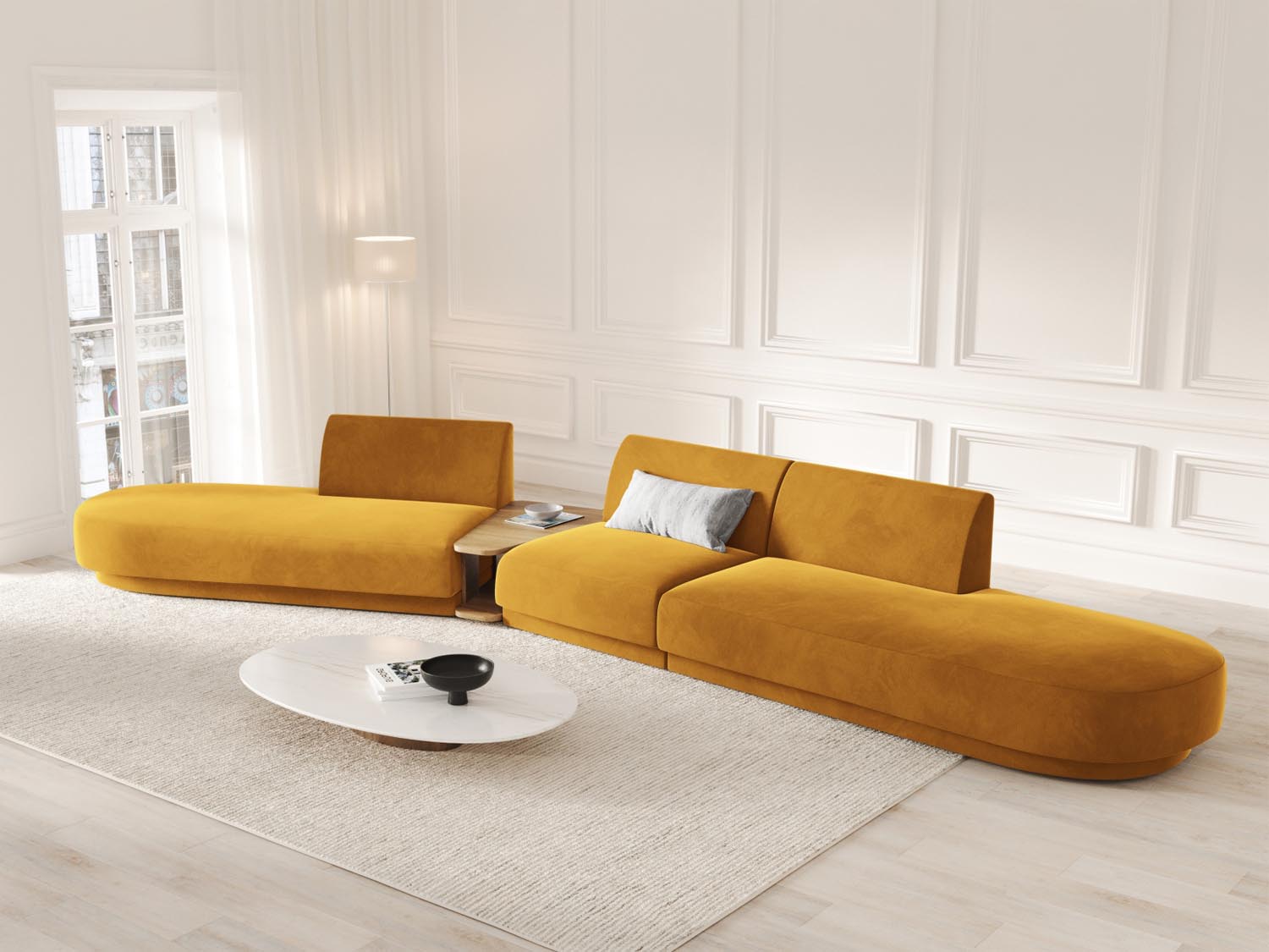 Miley Velour modulares Sofa links 5 Sitzer in Yellow präsentiert im Onlineshop von KAQTU Design AG. L-Sofa links ist von Micadoni