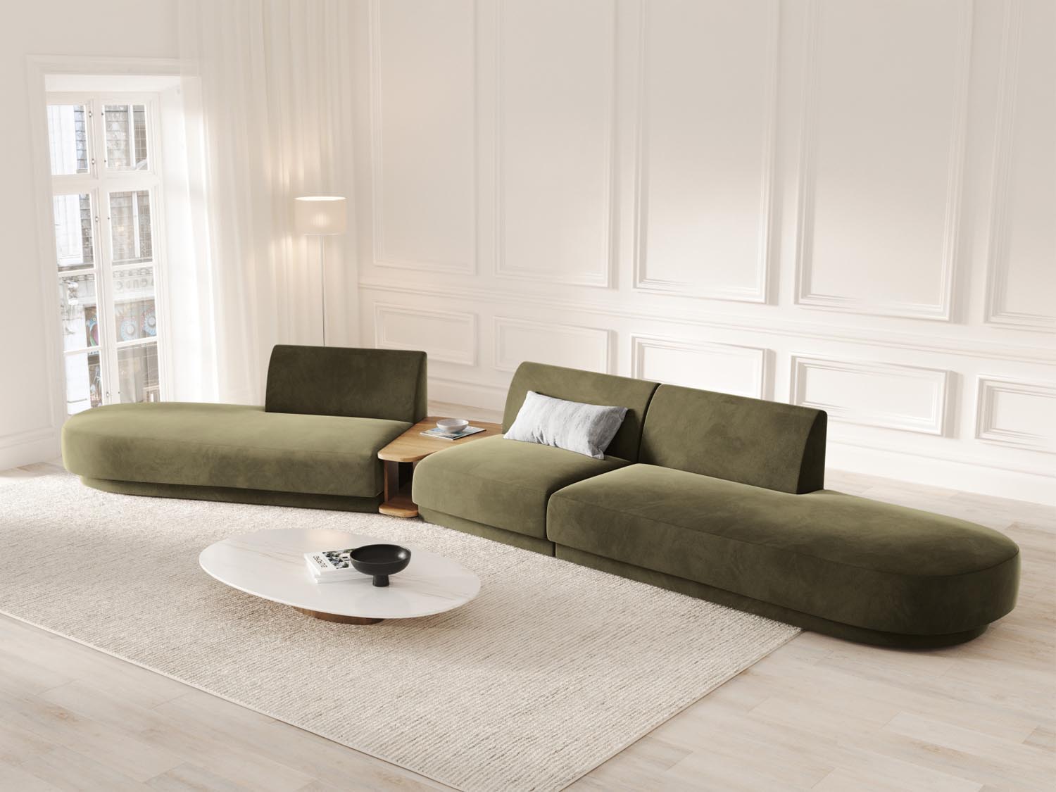 Miley Velour modulares Sofa links 5 Sitzer in Green präsentiert im Onlineshop von KAQTU Design AG. L-Sofa links ist von Micadoni