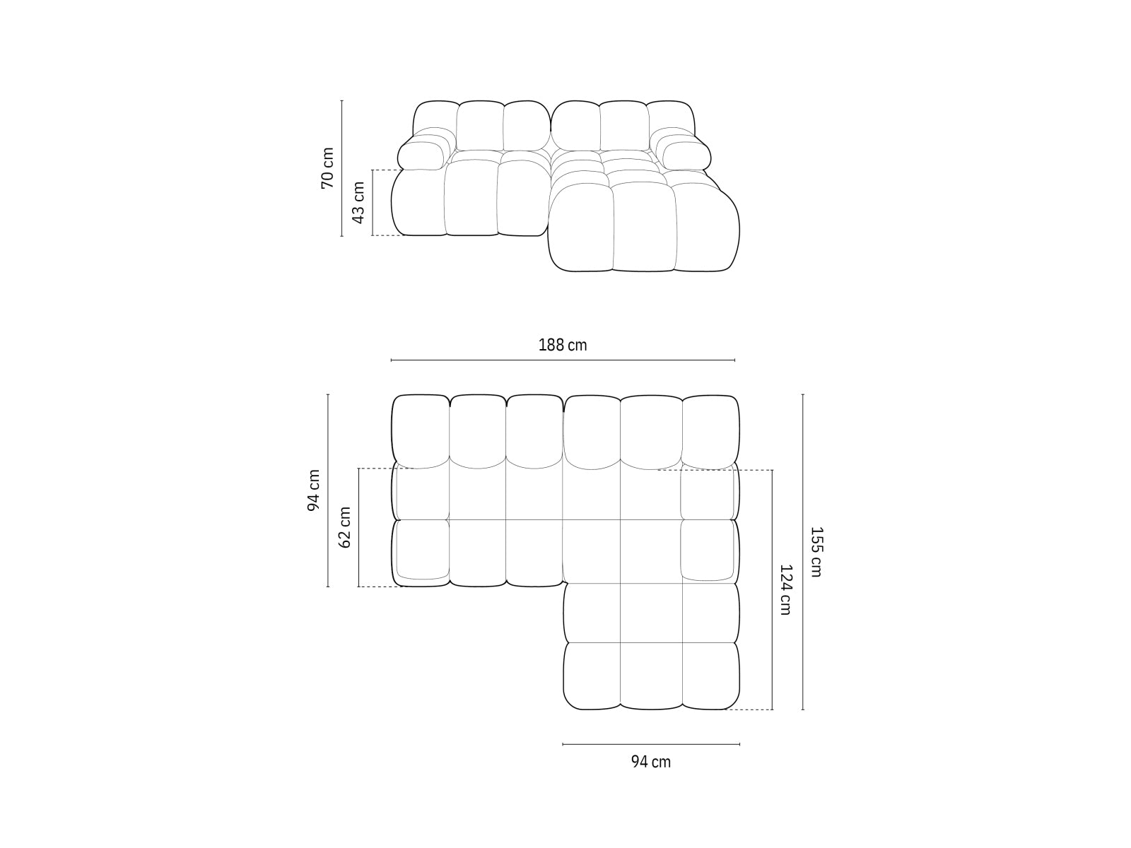 Bellis Modulares Ecksofa rechts 3 Sitzer 155cm in Black präsentiert im Onlineshop von KAQTU Design AG. Ecksofa ist von Micadoni