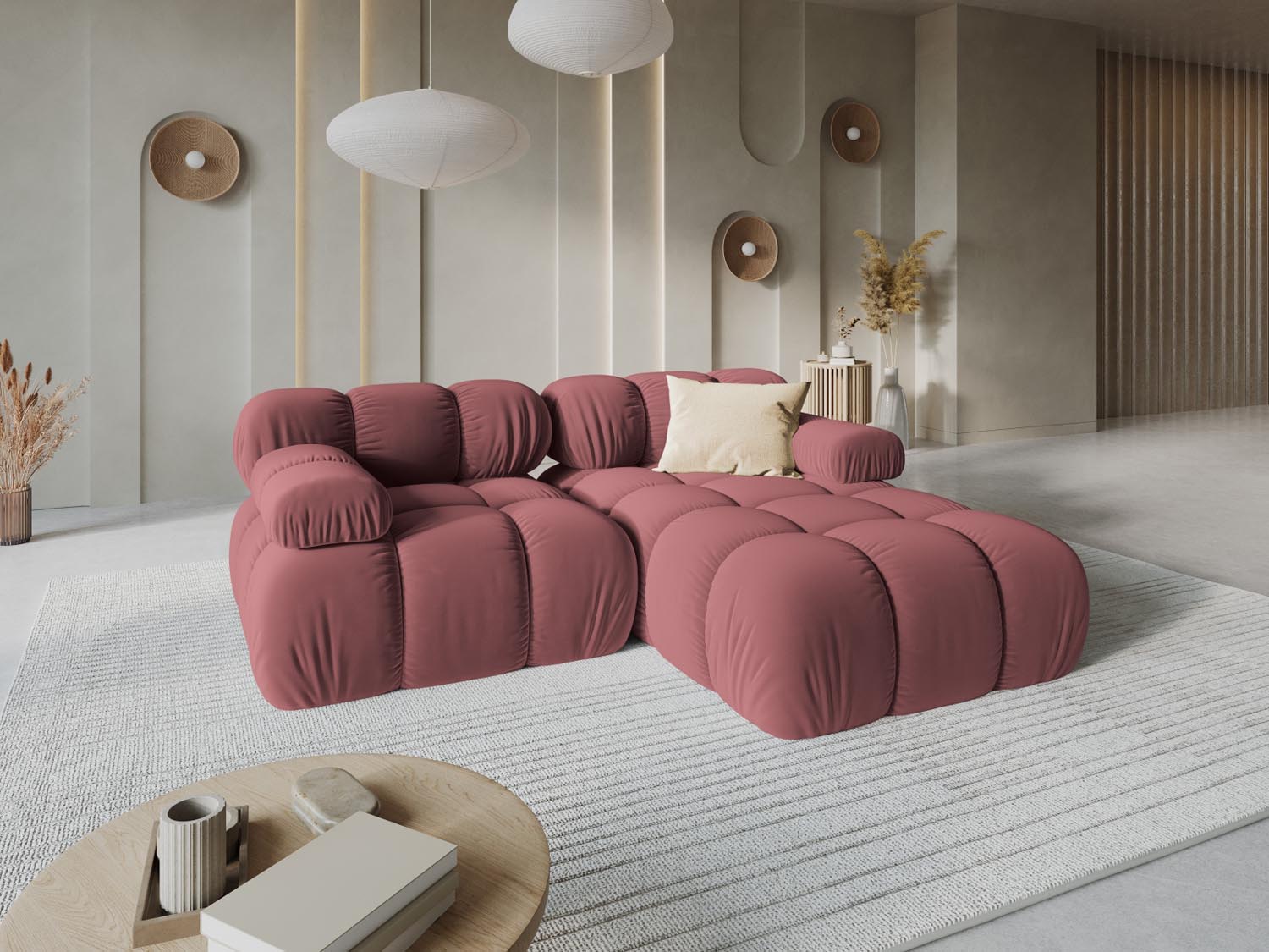 Elegantes Bellis Velour Ecksofa in Pink-Bluvel, 3-Sitzer, modulare Form, ideal für stilvolle Wohnräume, präsentiert von KAQTU Design AG.