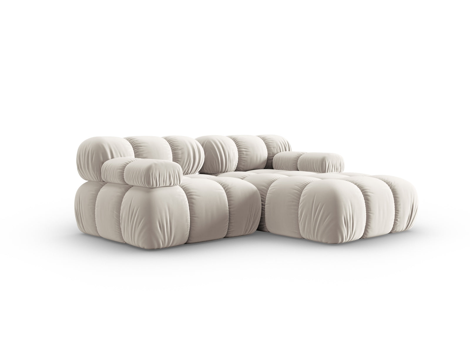 Modulares Ecksofa Bellis Velour in sanftem Beige, 3-Sitzer, rechtsseitig, perfekt für moderne Wohnkonzepte und gemütliche Atmosphäre.