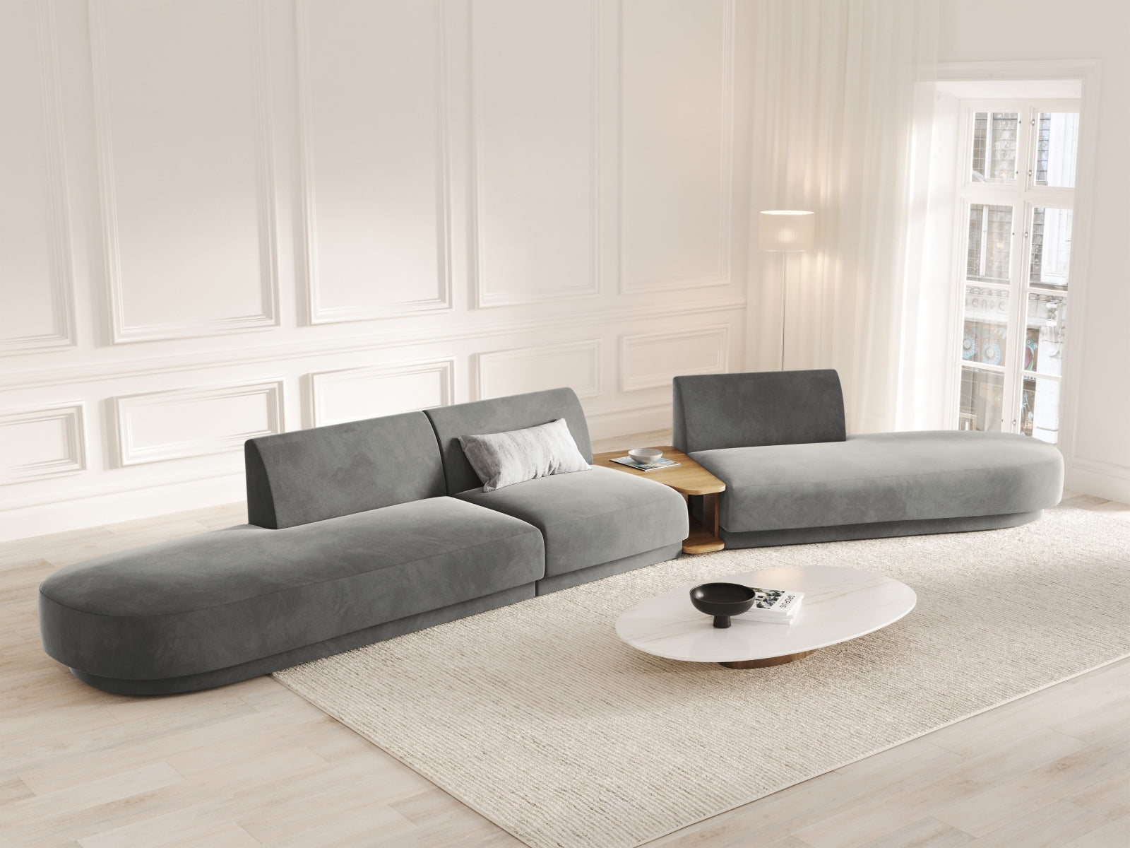 Miley Velour modulares Sofa rechts 5 Sitzer in Light Grey präsentiert im Onlineshop von KAQTU Design AG. L-Sofa rechts ist von Micadoni