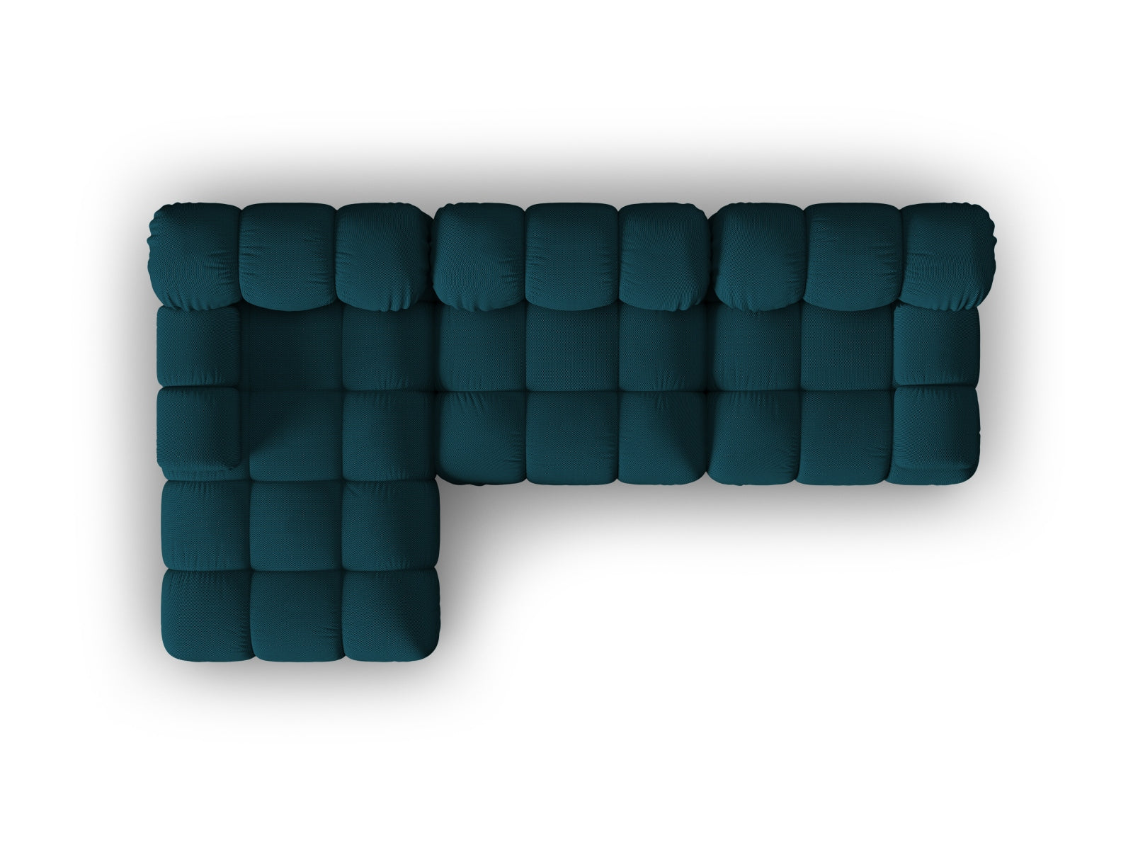 Stylisches, modulares Ecksofa Bellis links, 4-Sitzer in elegantem Blau, perfekt für zeitgemäße Wohnkonzepte von Micadoni.