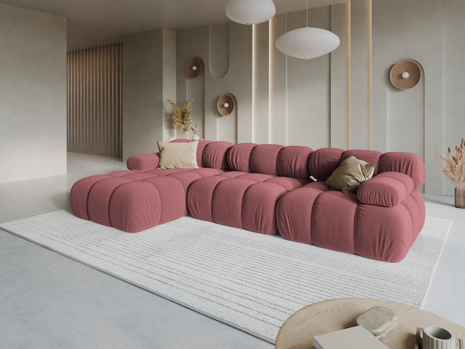 Gemütliches Bellis Velour Ecksofa in Pink-Bluvel, ideal für stilvolle Wohnräume. Modulares Design für individuelle Anpassung.