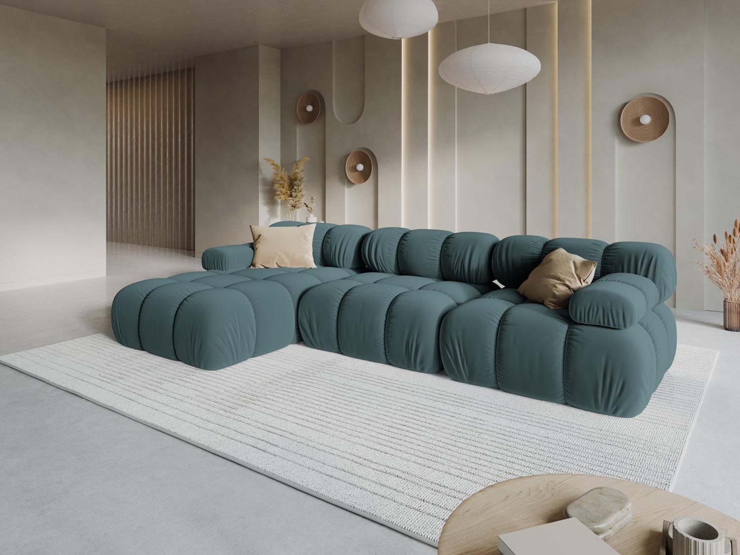 Elegantes Bellis Velour Ecksofa in Türkis, ideal für stilvolle Wohnräume. Modulares Design, 4-Sitzer, linksseitig, von Micadoni.