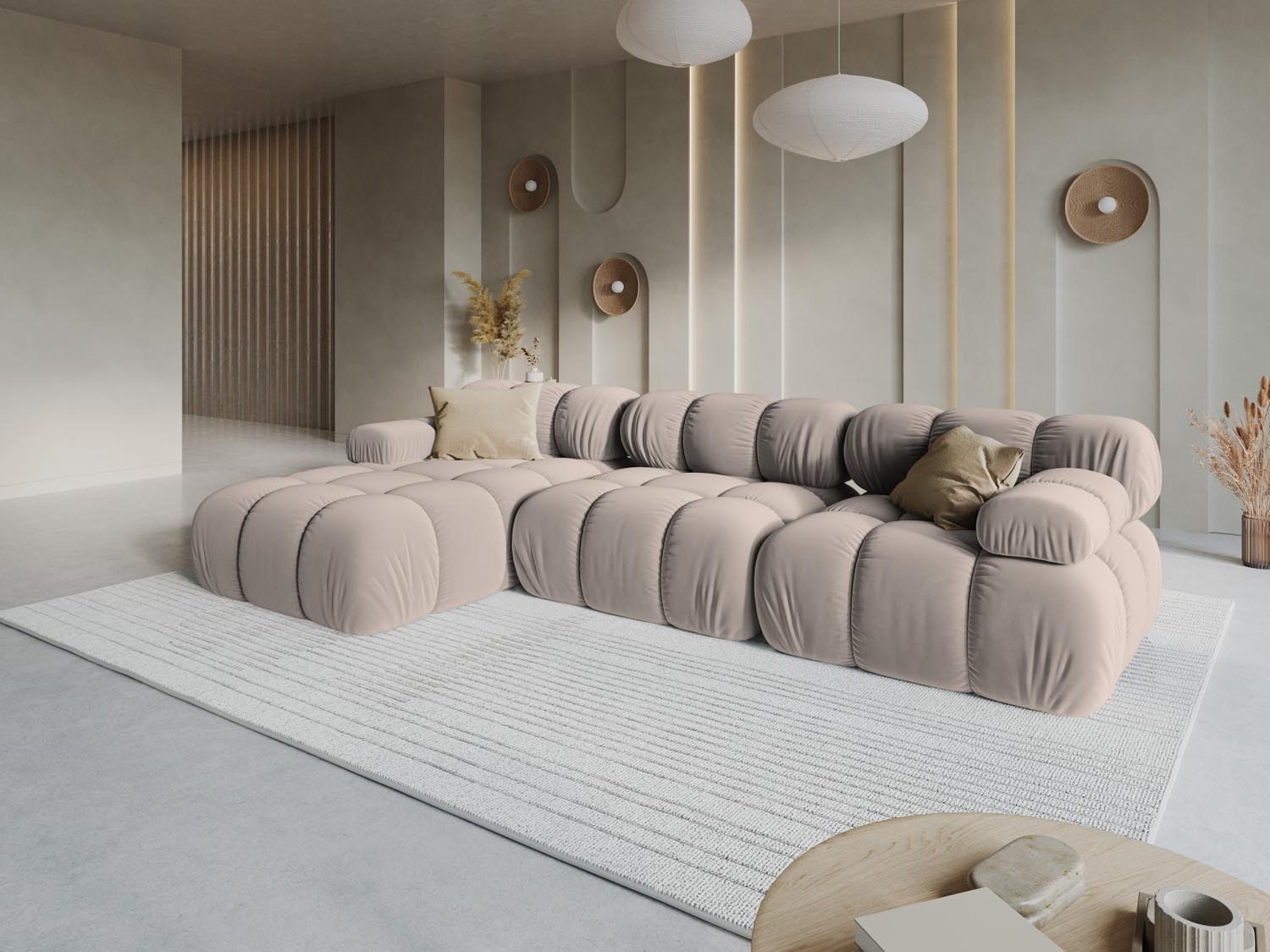 Elegantes Bellis Velour Ecksofa in Cappuccino, ideal für stilvolle Wohnräume. Modulares Design für individuelle Anpassung.