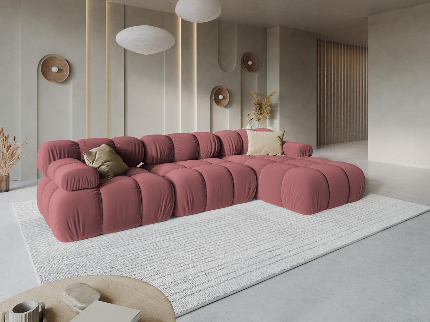Elegantes Bellis Velour Ecksofa in Pink-Bluvel, 4-Sitzer, modulare Form, ideal für stilvolle Wohnräume, präsentiert von KAQTU Design AG.