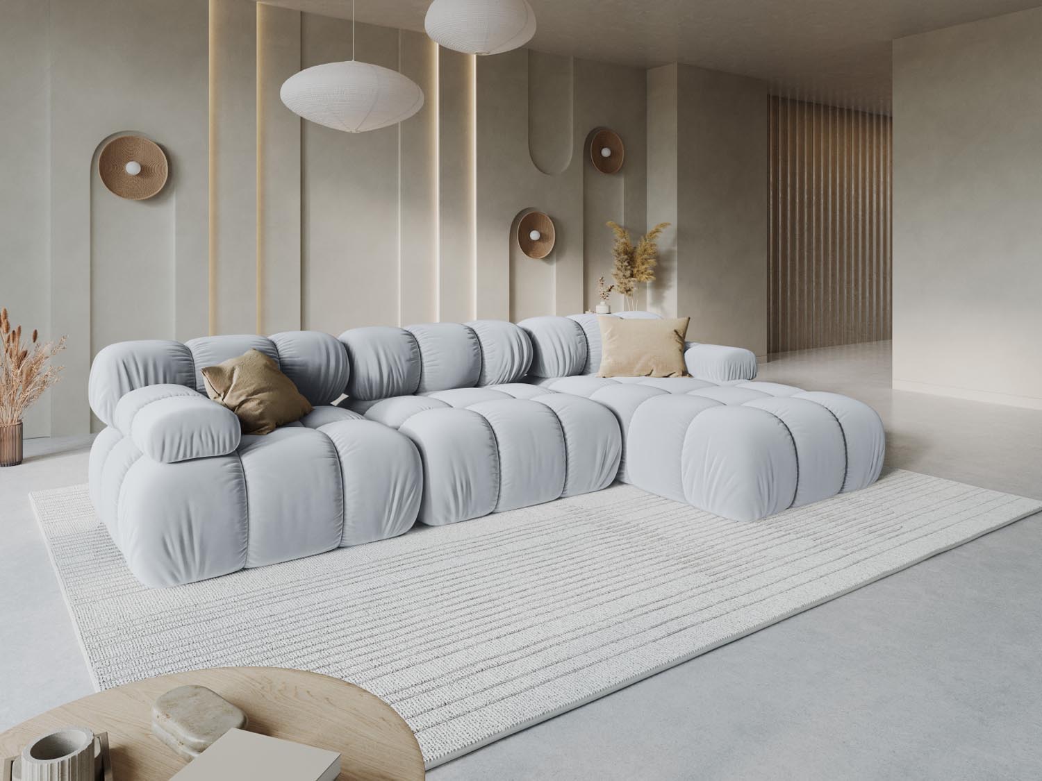 Elegantes Bellis Velour Ecksofa in sanftem Light Blue, ideal für stilvolle Wohnräume. Modulares Design für individuelle Anpassung.