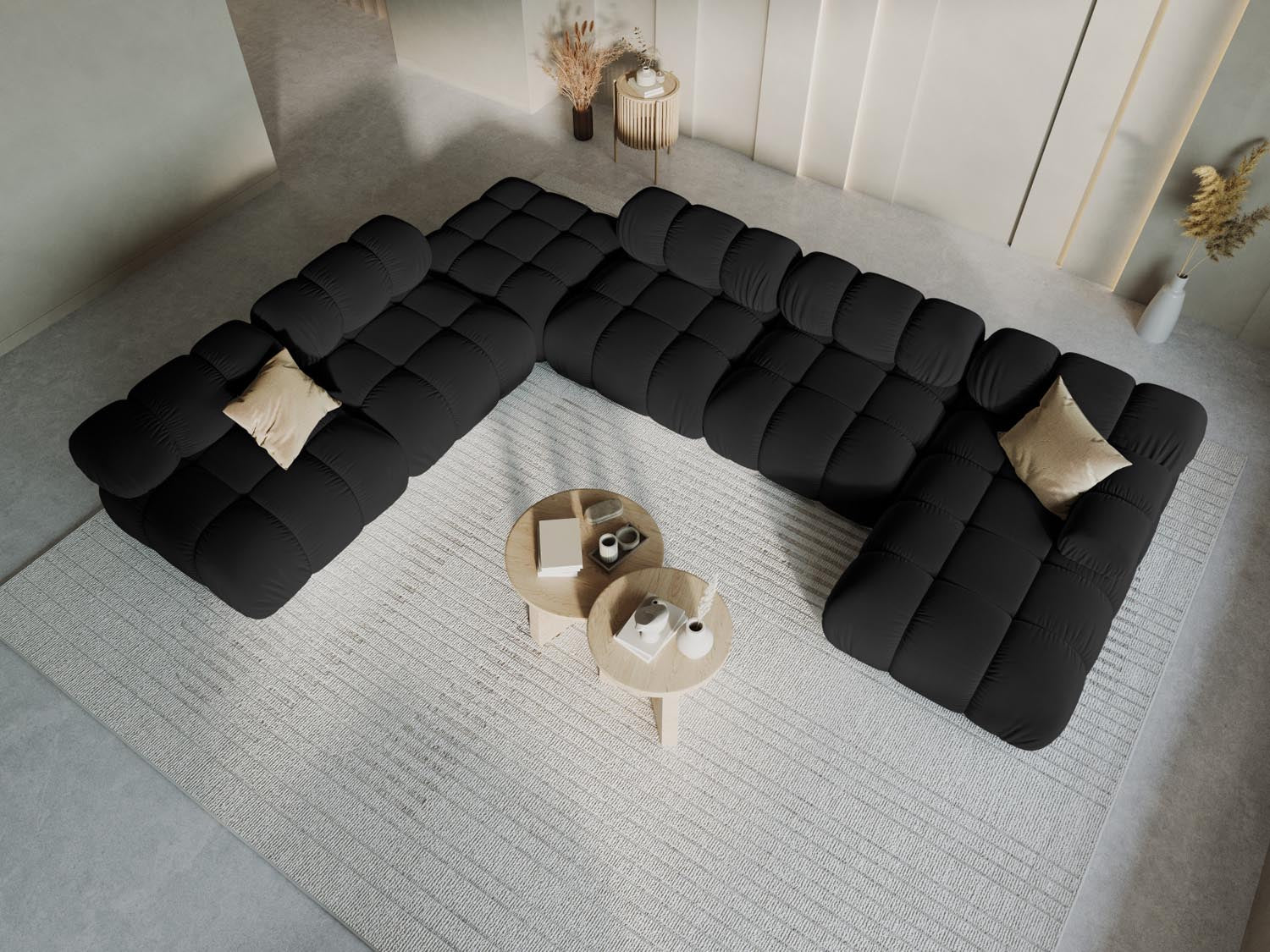 Elegantes Bellis Velour Ecksofa in Schwarz-Bluvel, 7-Sitzer, 282 cm, ideal für stilvolle Wohnräume, präsentiert in modernem Ambiente.