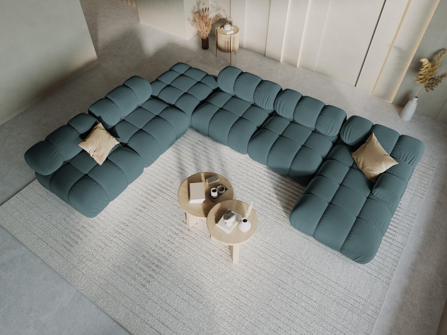 Elegantes Bellis Velour Ecksofa in Türkis, 7-Sitzer, 282 cm, modulares Design für stilvolle Wohnräume, präsentiert von KAQTU.