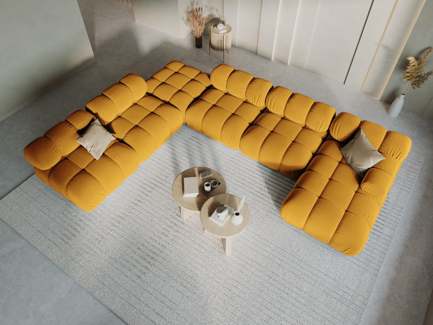 Gemütliches Bellis Velour Ecksofa in Gelb-Blau, 7-Sitzer, 282 cm, ideal für stilvolle Wohnräume, präsentiert in modernem Ambiente.