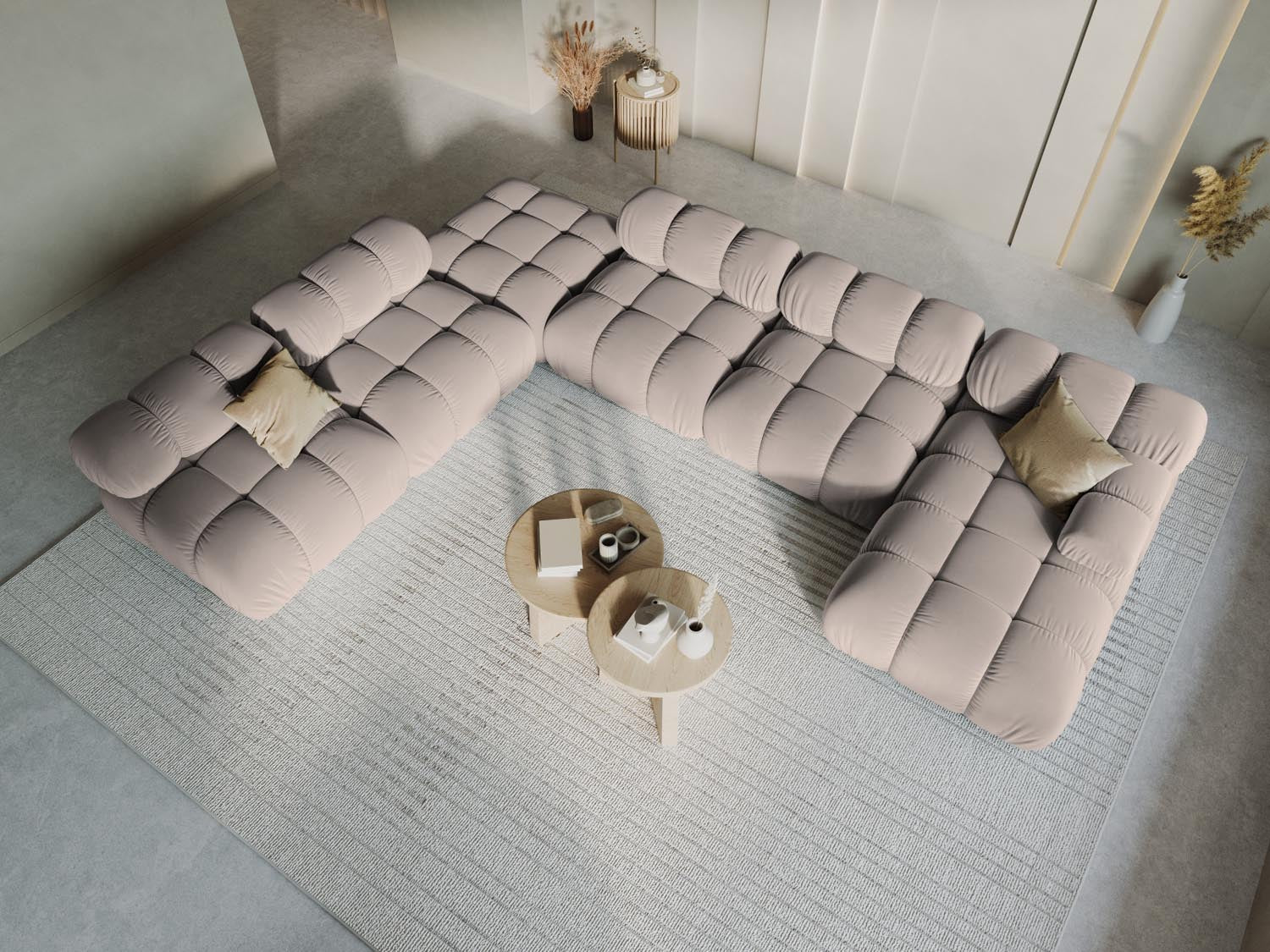 Elegantes Bellis Velour Ecksofa in Cappuccino, 7-Sitzer, 282 cm, ideal für stilvolle Wohnräume, präsentiert in modernem Ambiente.