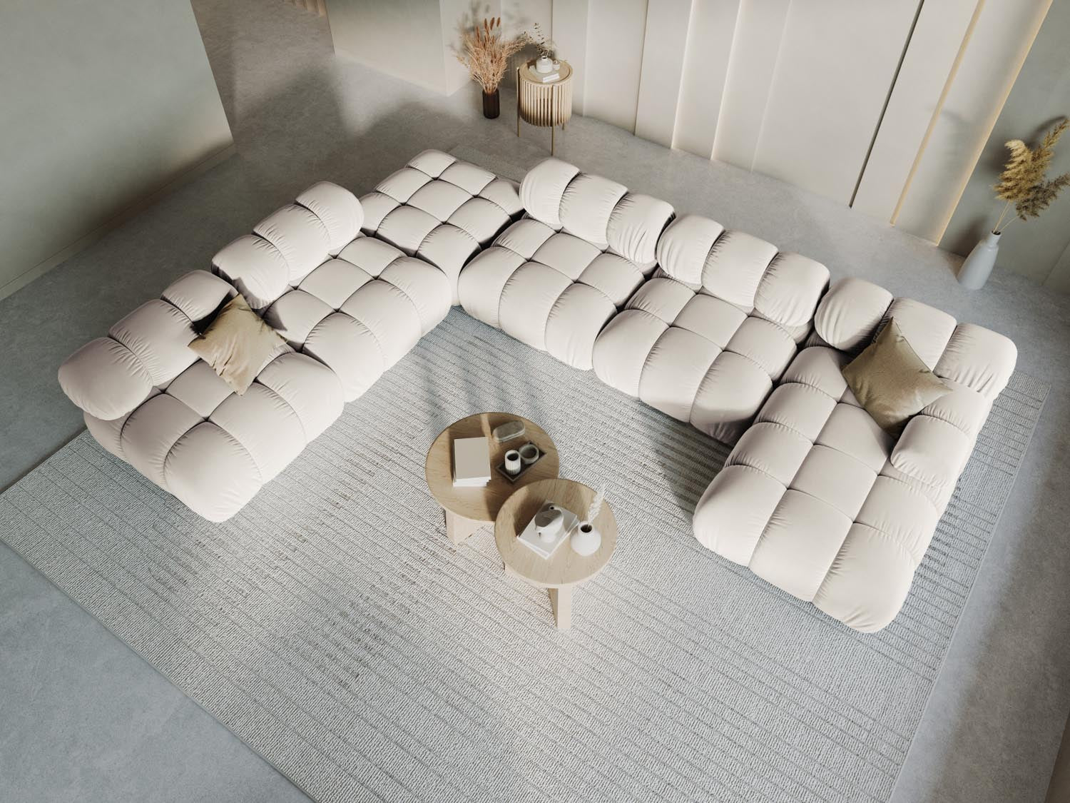 Elegantes Bellis Velour Ecksofa in Dunkelbeige, 7-Sitzer, 282 cm, ideal für stilvolle Wohnräume, präsentiert in einem modernen Ambiente.