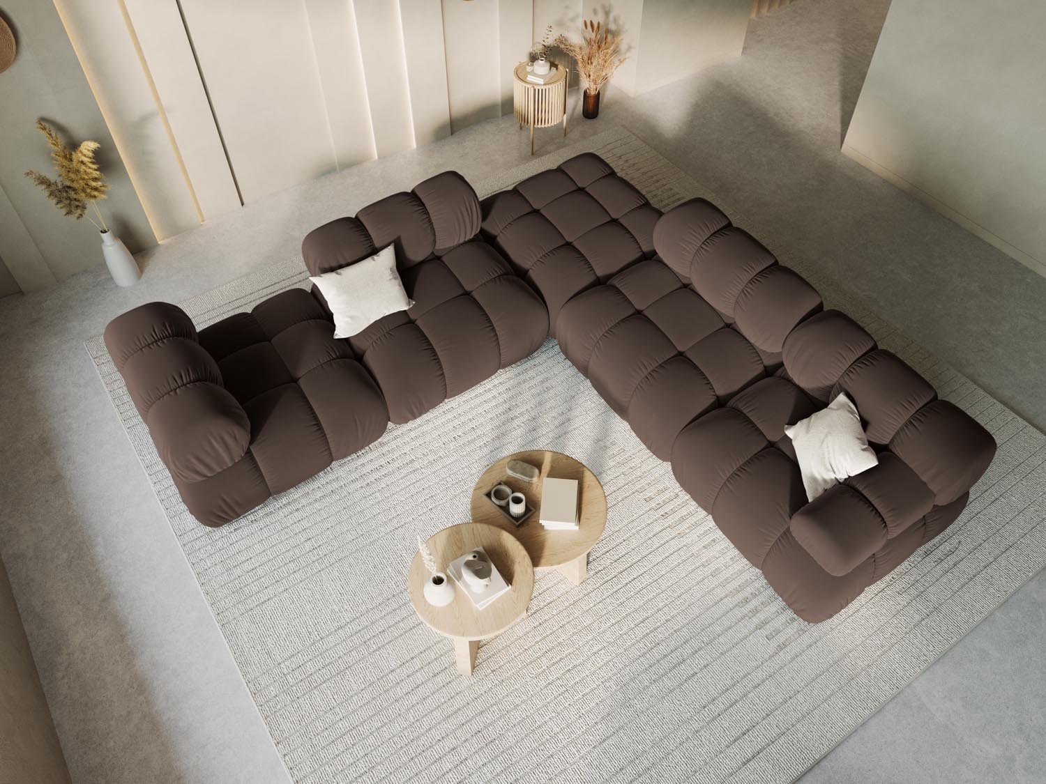 Elegantes Bellis Velour Ecksofa in Dunkelbraun, 7-Sitzer, 282 cm, ideal für moderne Wohnräume, präsentiert in stilvollem Ambiente.