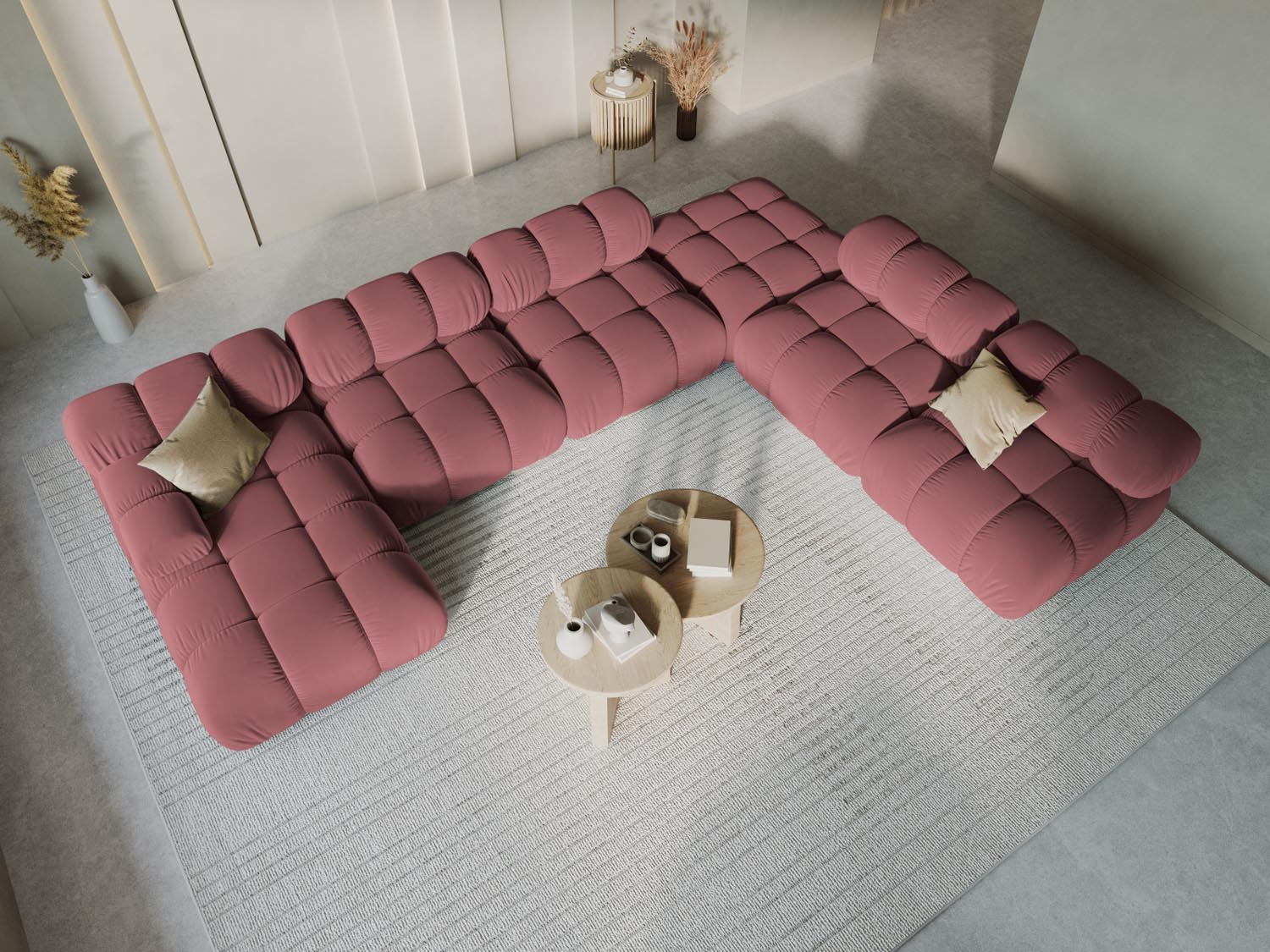 Gemütliches Bellis Velour Ecksofa in Pink-Bluvel, 7-Sitzer, 282 cm, ideal für stilvolle Wohnräume und entspannte Abende.