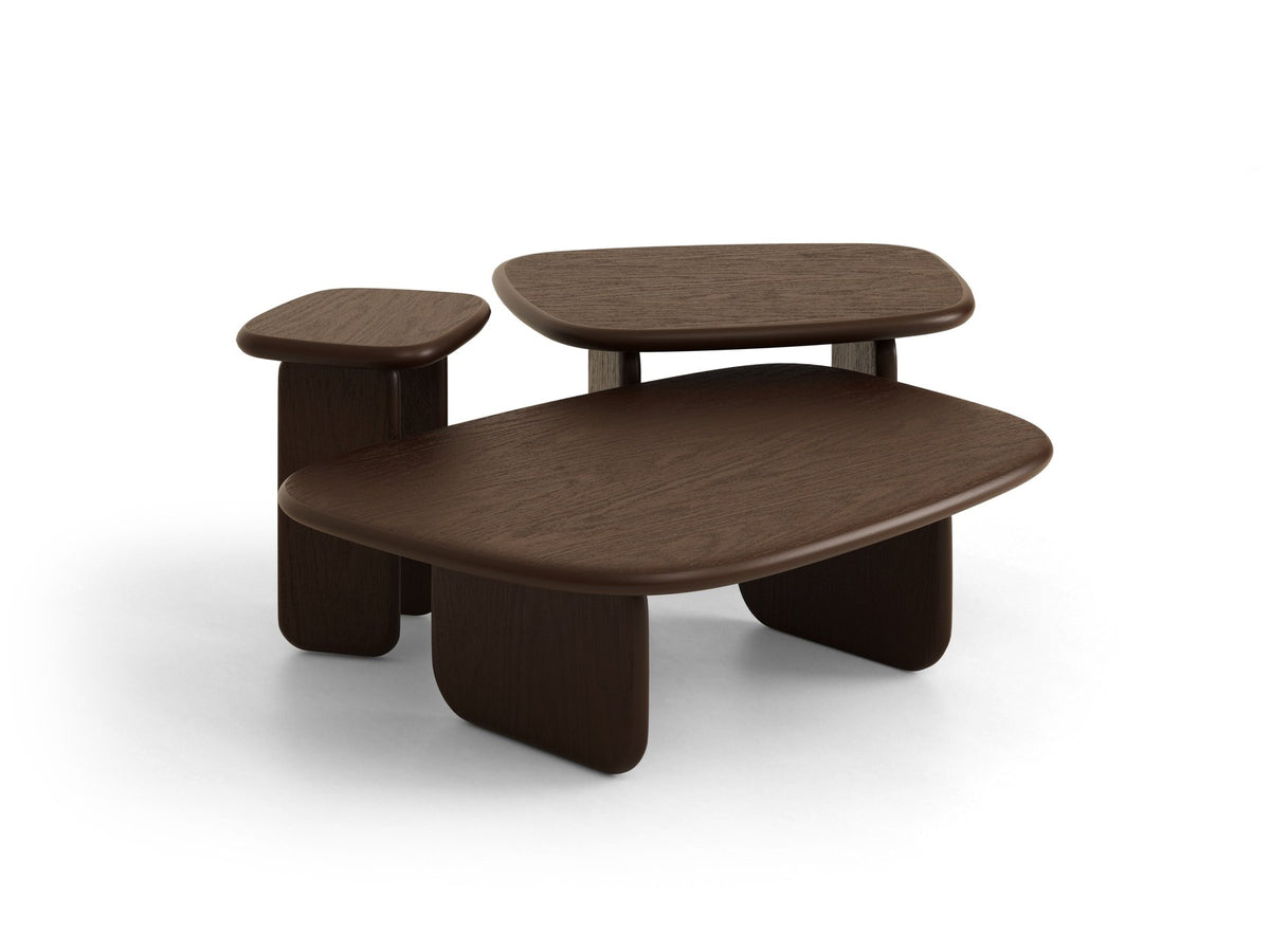 Rechteckiger Beistelltisch aus Holz in schwarzer Eichen-Optik mit zwei schlanken Beinen und niedriger Bauform, Modell Lana von Micadoni.