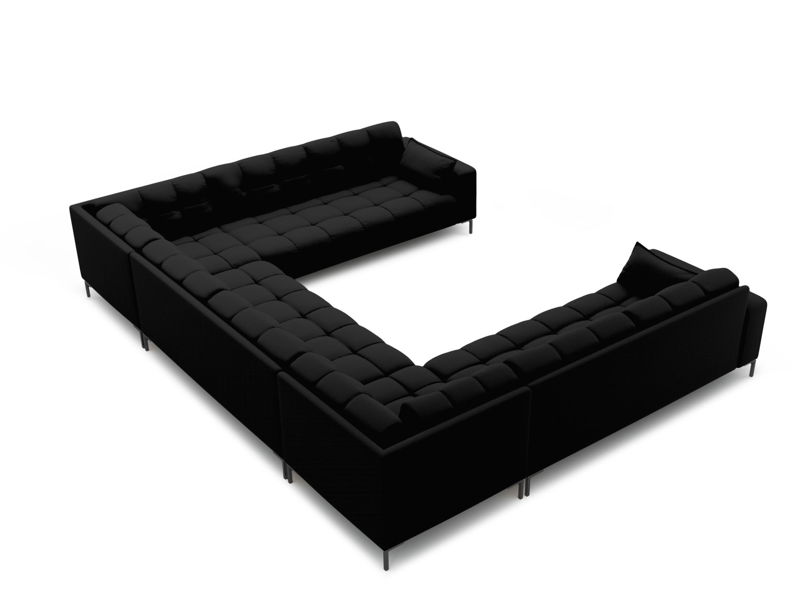 Geräumiges Mamaia Panoramic Ecksofa für 9 Personen in edlem Schwarz, perfekt für stilvolle Wohnzimmer und gesellige Zusammenkünfte.