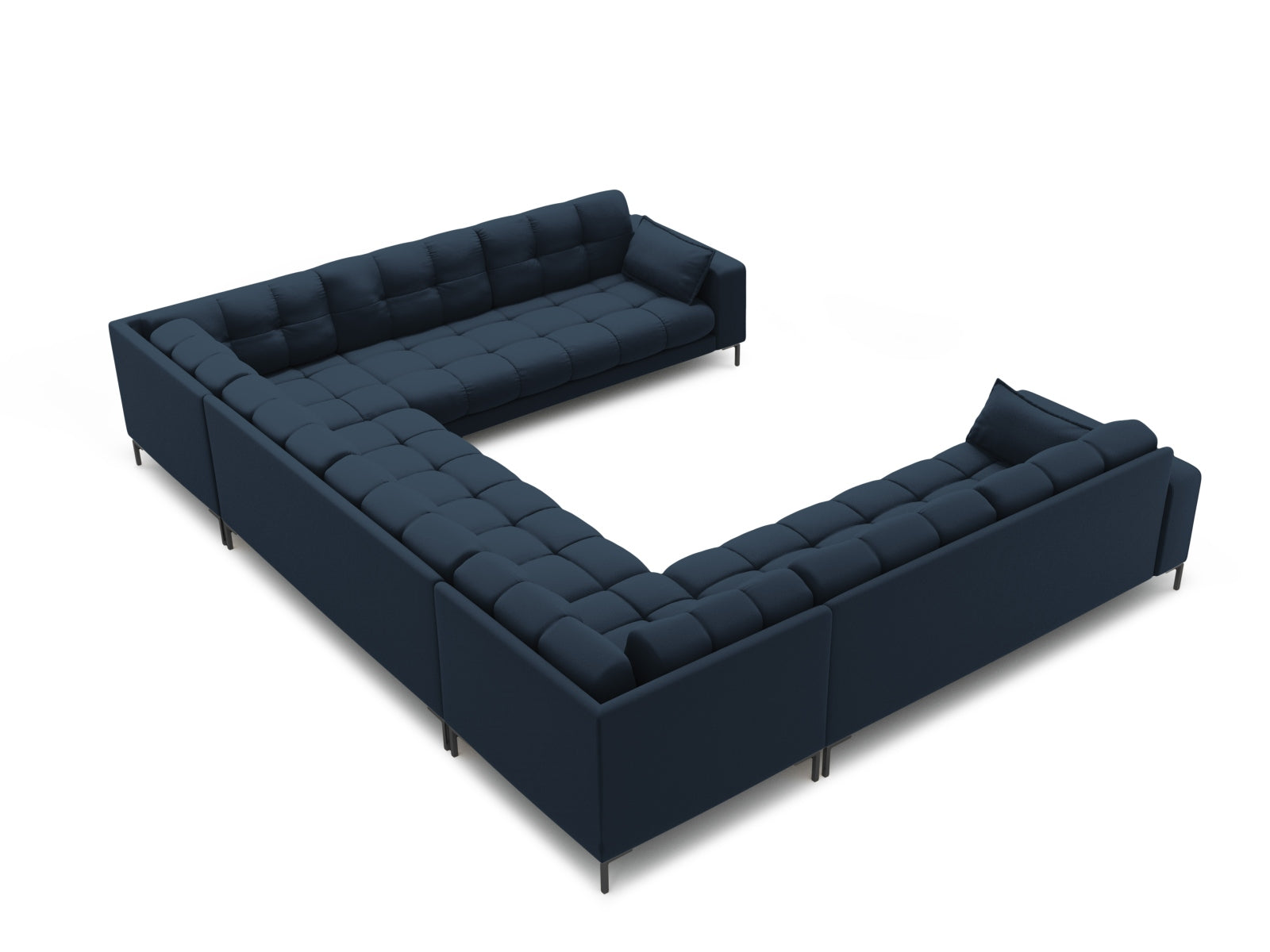 Geräumiges Ecksofa Mamaia für bis zu 9 Personen, in ansprechendem Blau und Schwarz, perfekt für stilvolle Wohnzimmer.