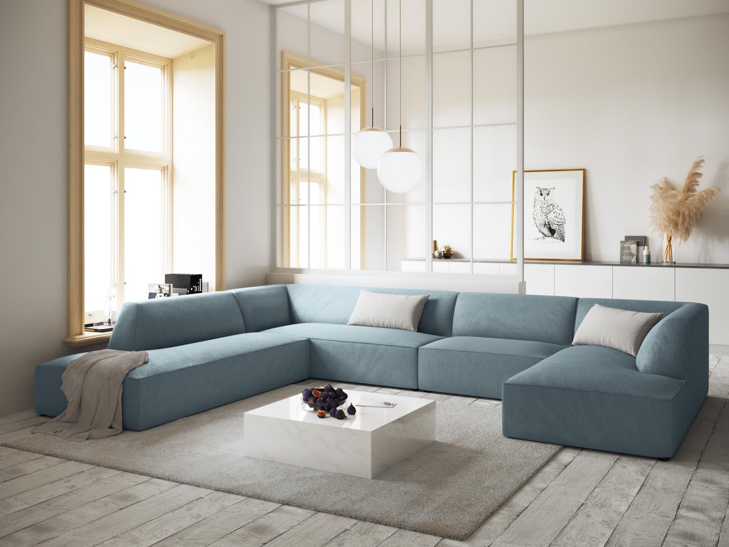 Stylisches Ruby Panoramic Ecksofa links in sanftem Hellblau, ideal für moderne Wohnräume. Komfortables 7-Sitzer-Design von Micadoni.