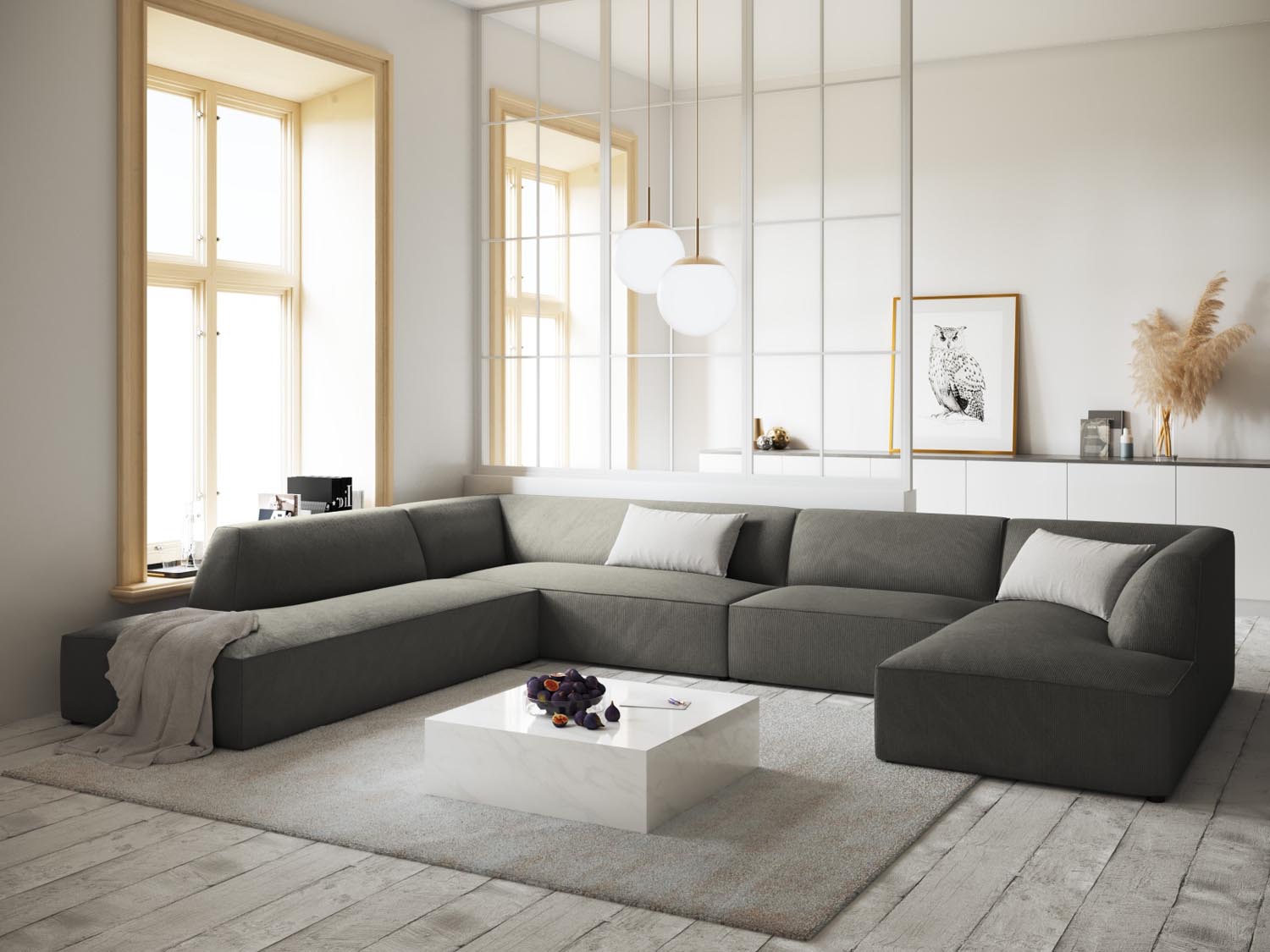 Stylisches Ruby Panoramic Ecksofa links in modernem Design, ideal für gemütliche Wohnzimmer, präsentiert in elegantem Light Grey-Scala.