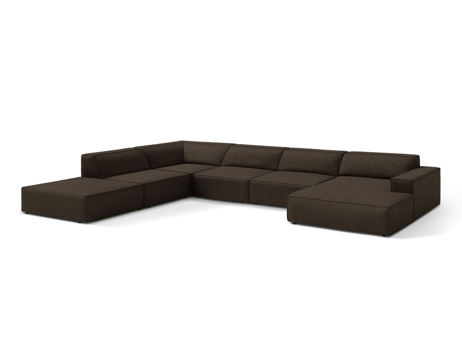 Elegantes, modulares 7-Sitzer Ecksofa Jodie Boucle in Braun-Baloo, ideal für stilvolle Wohnräume, präsentiert von Micadoni.