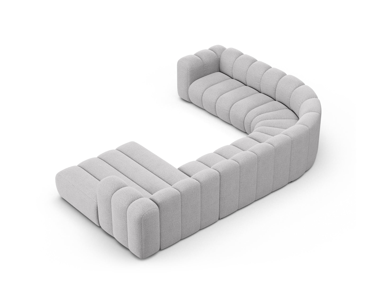 Elegantes Lupine Boucle Ecksofa links für 6 Personen in sanftem Grau, ideal für gesellige Abende und geschmackvolle Wohnräume.