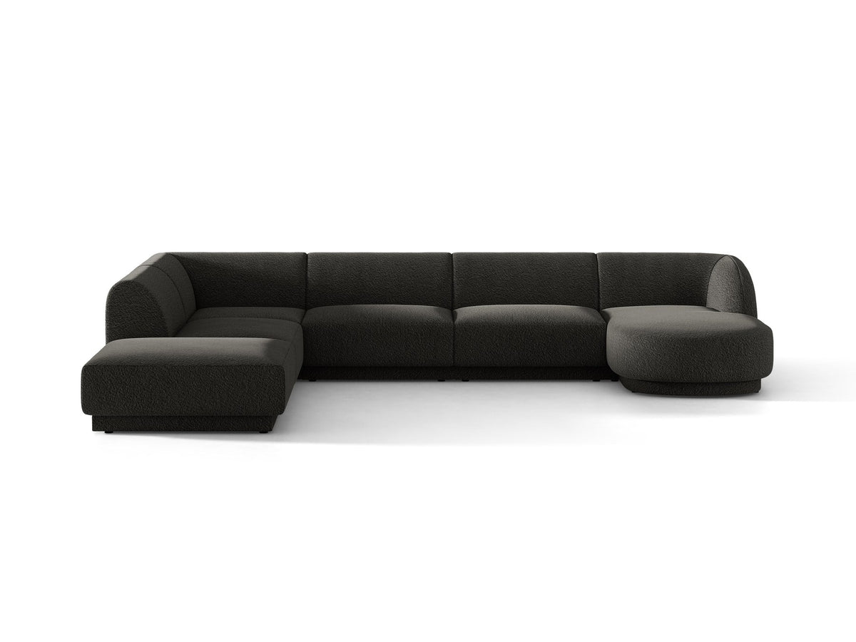 Miley Panoramasofa von Micadoni, Ecksofa links in Dunkelbeige mit Bluvel-Stoffbezug, schwarzen Kunststofffüssen und niedriger Rückenlehne.