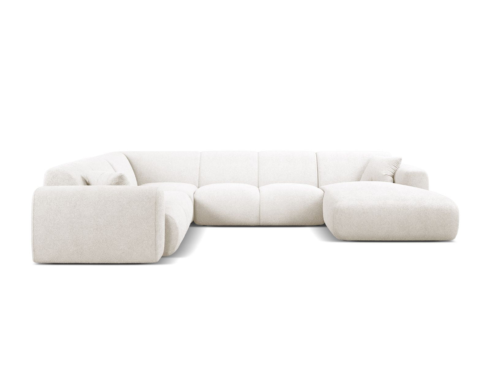 Elegantes 6-Sitzer Ecksofa Molino in Weiß, modular und panoramisch, ideal für stilvolle Wohnräume. Perfekte Kombination aus Komfort und Design.