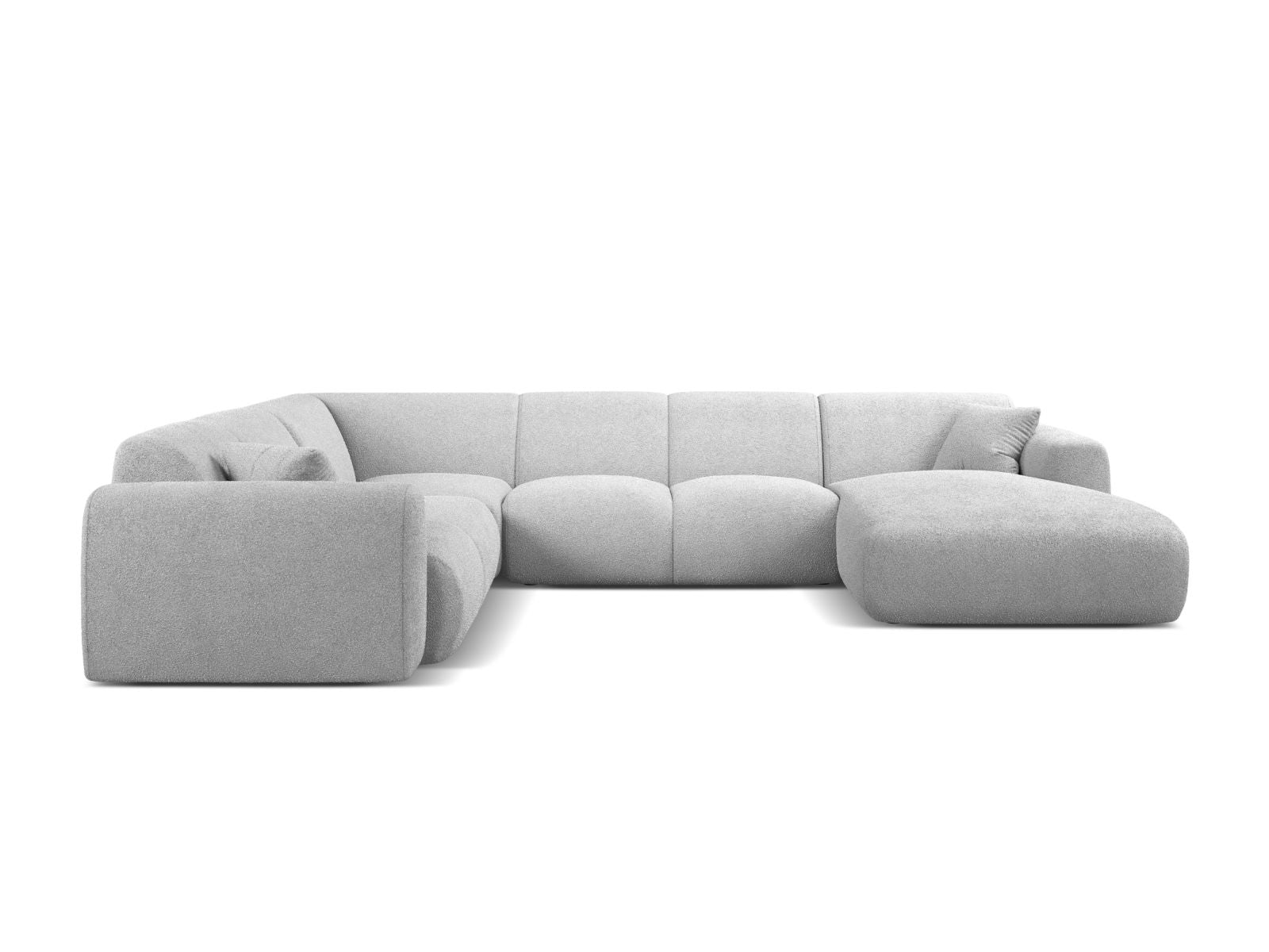 Stylisches 6-Sitzer Ecksofa Molino in hellem Grau, ideal für moderne Wohnräume, präsentiert sich in einer eleganten Panoramadisposition.