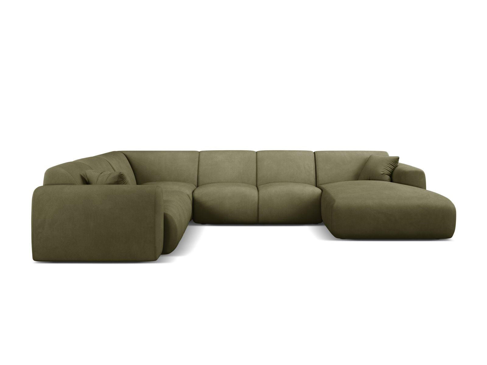 Elegantes 6-Sitzer Ecksofa Molino in sanftem Lichtgrün, ideal für moderne Wohnräume, präsentiert von Micadoni.