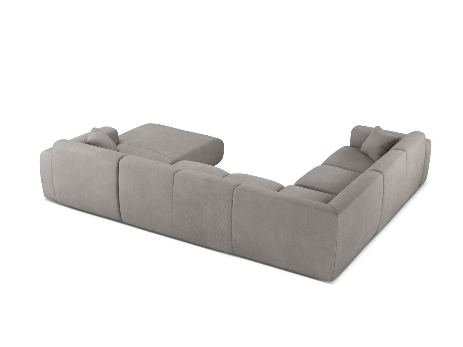 Modulares 6-Sitzer Ecksofa Molino in sanftem Grau, perfekt für stilvolle Wohnzimmer, vereint Funktionalität und modernes Design.