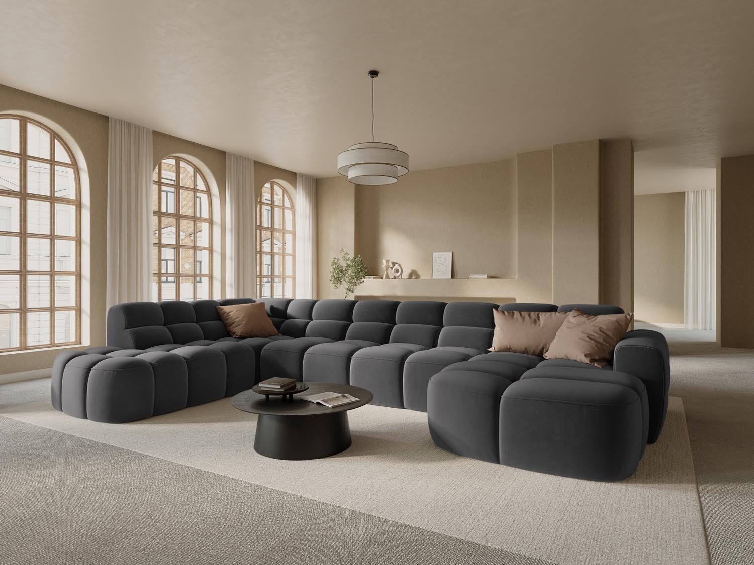 Lisa Velour Panoramic Ecksofa links 7 Sitzer in Dark Grey präsentiert im Onlineshop von KAQTU Design AG. Ecksofa links ist von Micadoni