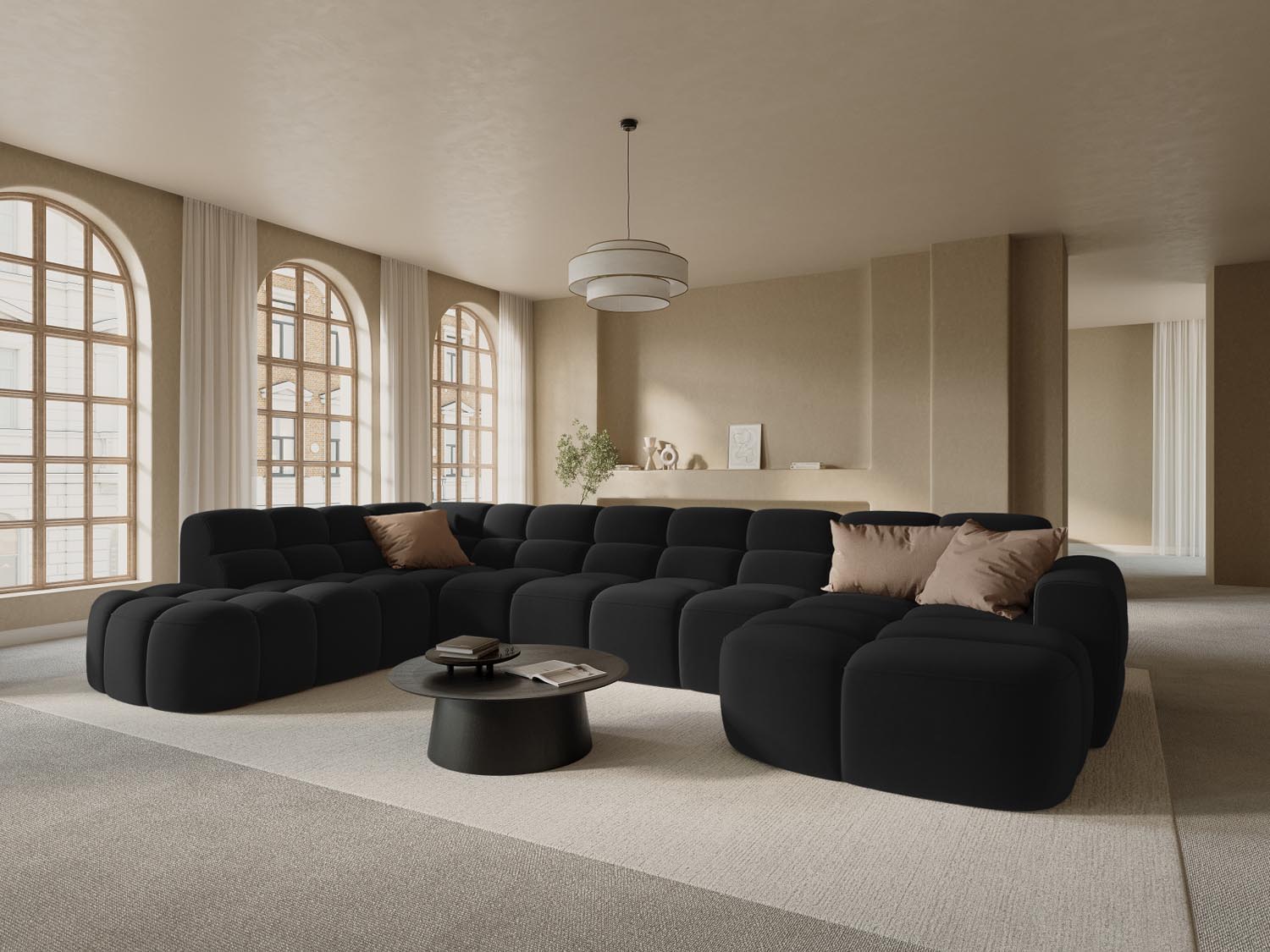 Lisa Velour Panoramic Ecksofa links 7 Sitzer in Black präsentiert im Onlineshop von KAQTU Design AG. Ecksofa links ist von Micadoni