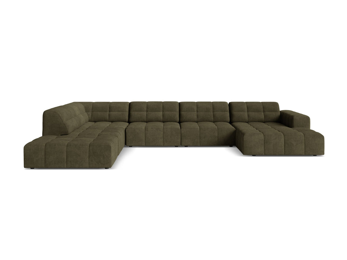 Ecksofa links Jennifer von Micadoni in leichtem Beige mit Bluvel-Stoff, schwarzen Kunststoffbeinen und breiter Sitzfläche.
