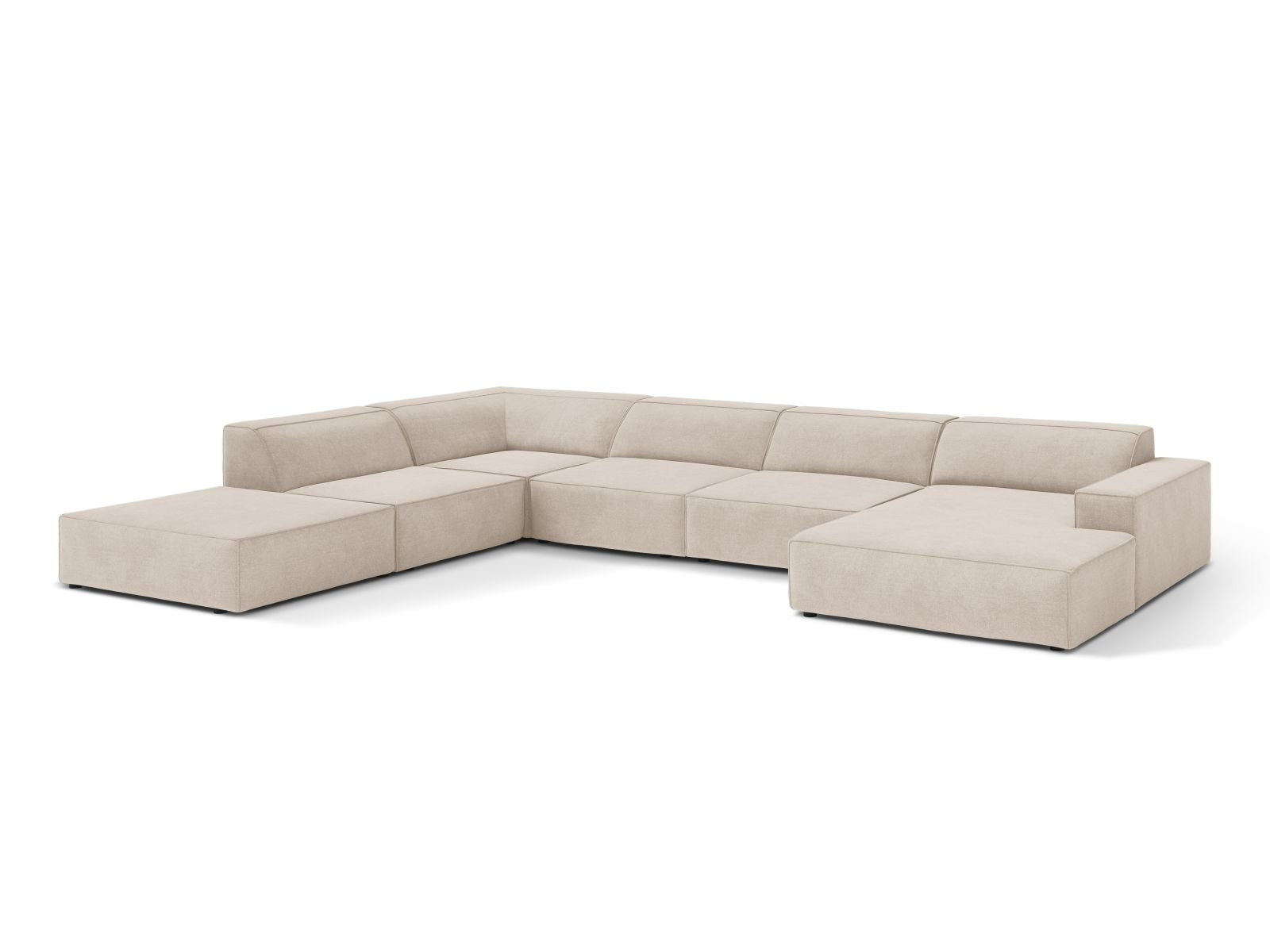 Beige 7-Sitzer Ecksofa Jodie von Micadoni, modular und panoramisch, ideal für stilvolle Wohnräume, präsentiert in modernem Design.
