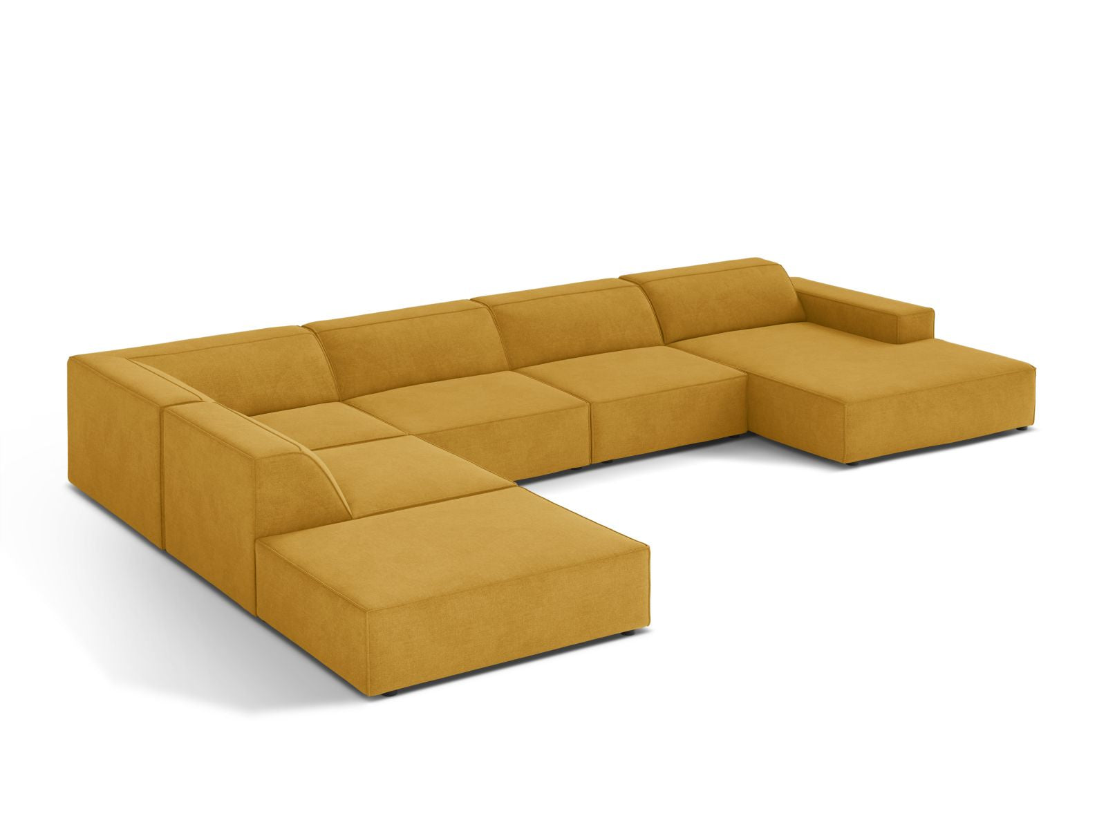 Modulares 7-Sitzer Ecksofa Jodie in strahlendem Gelb, ideal für gemütliche Abende und moderne Wohnkonzepte, bietet viel Platz und Komfort.